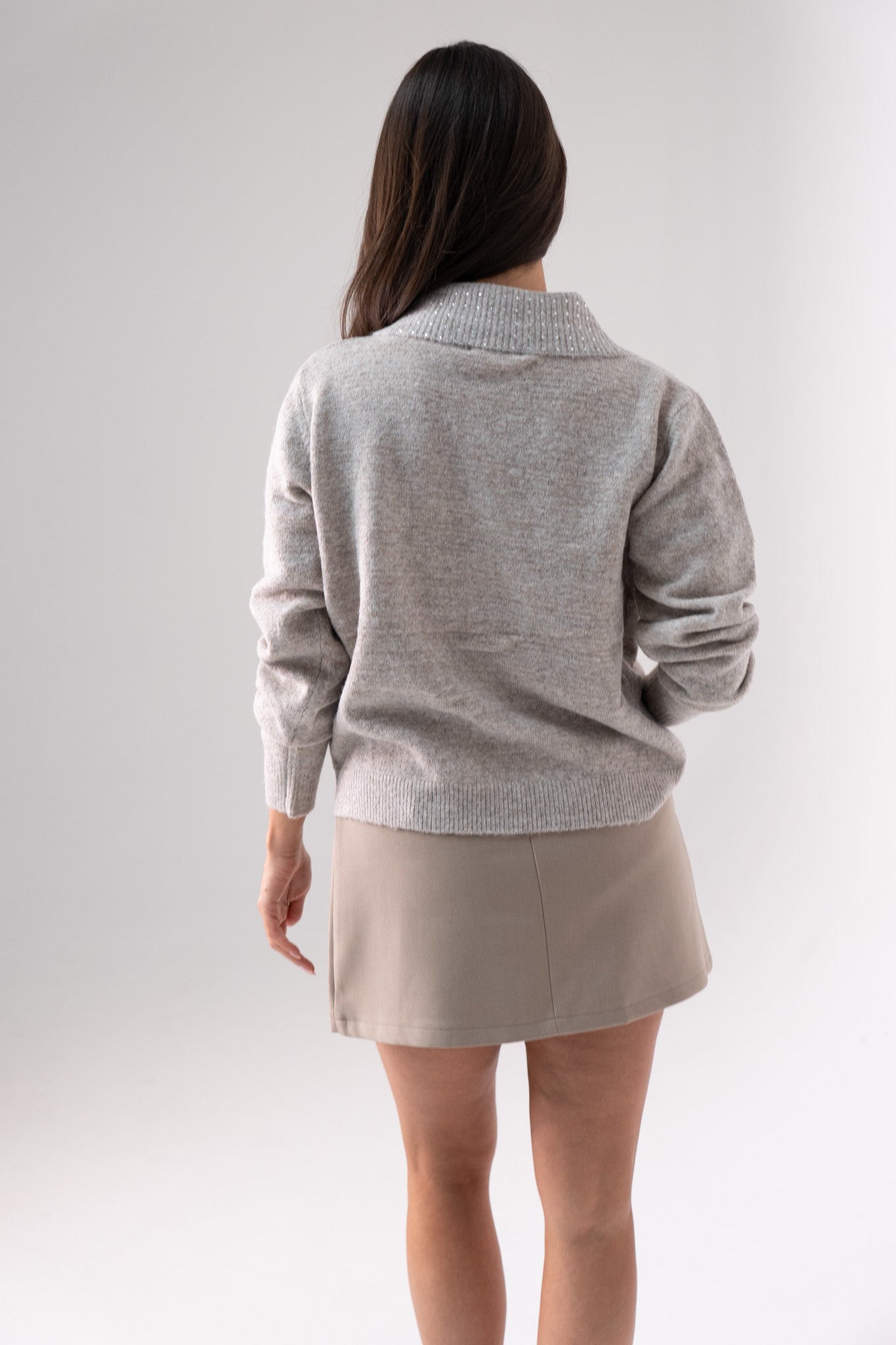 Cathy Studded Collar Cardigan In Taupe