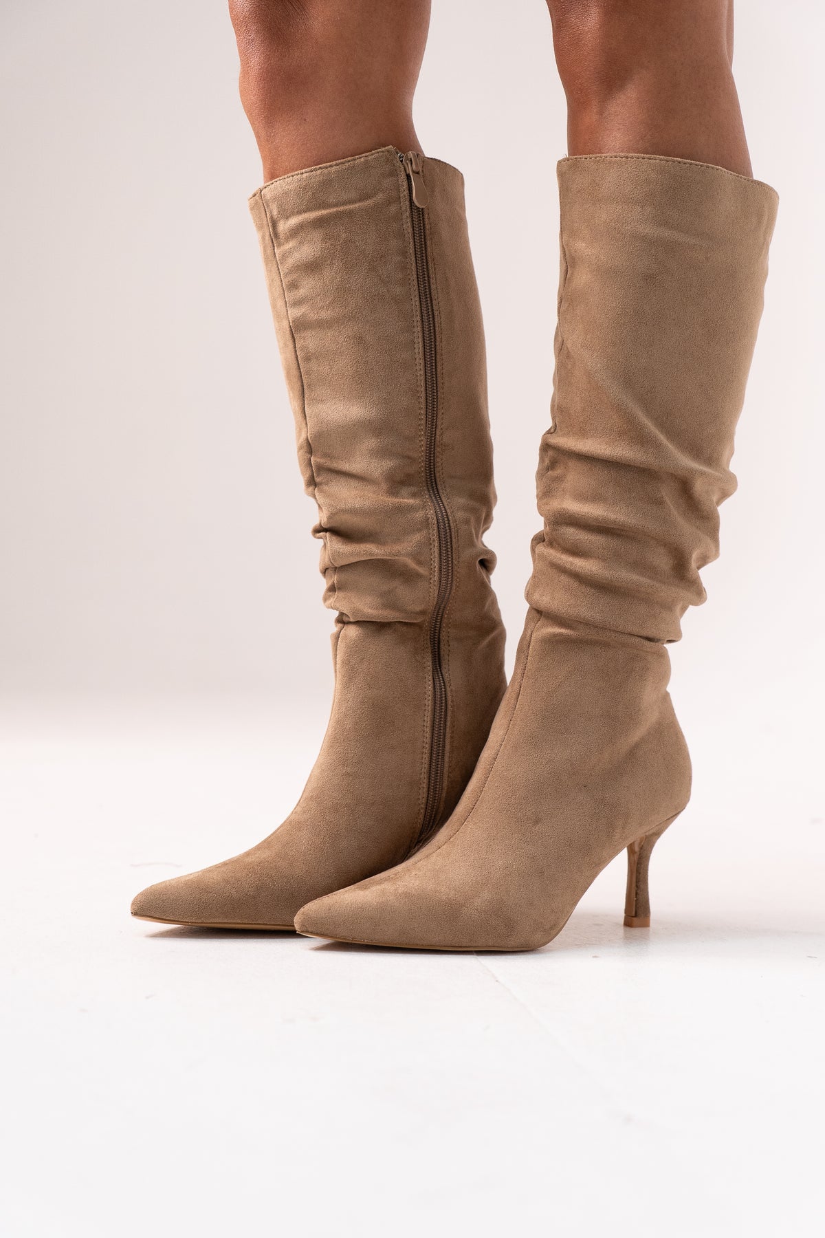 Cathy Slouched Faux Suede Boots In Neutral