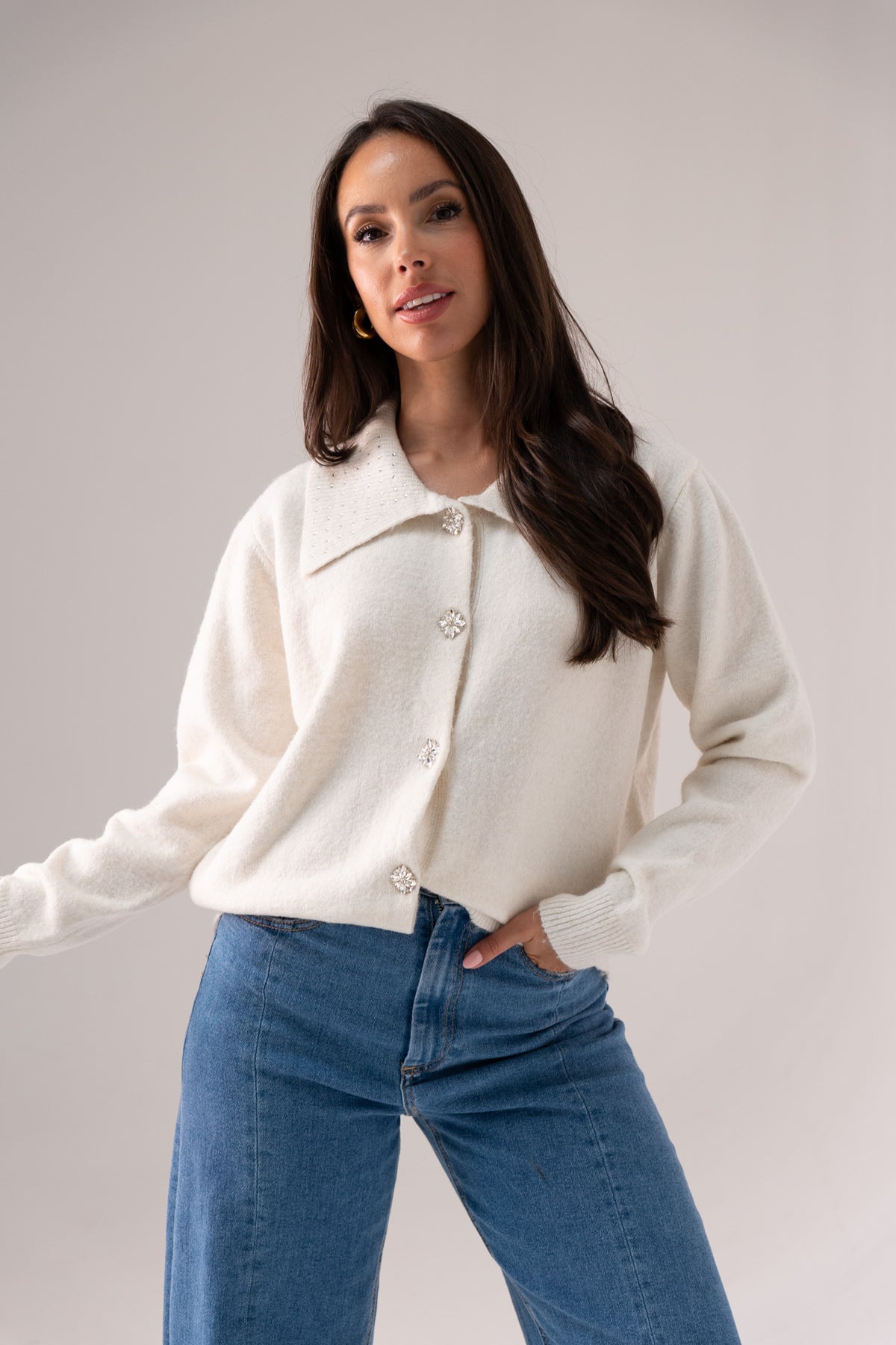 Cathy Studded Collar Cardigan In Cream