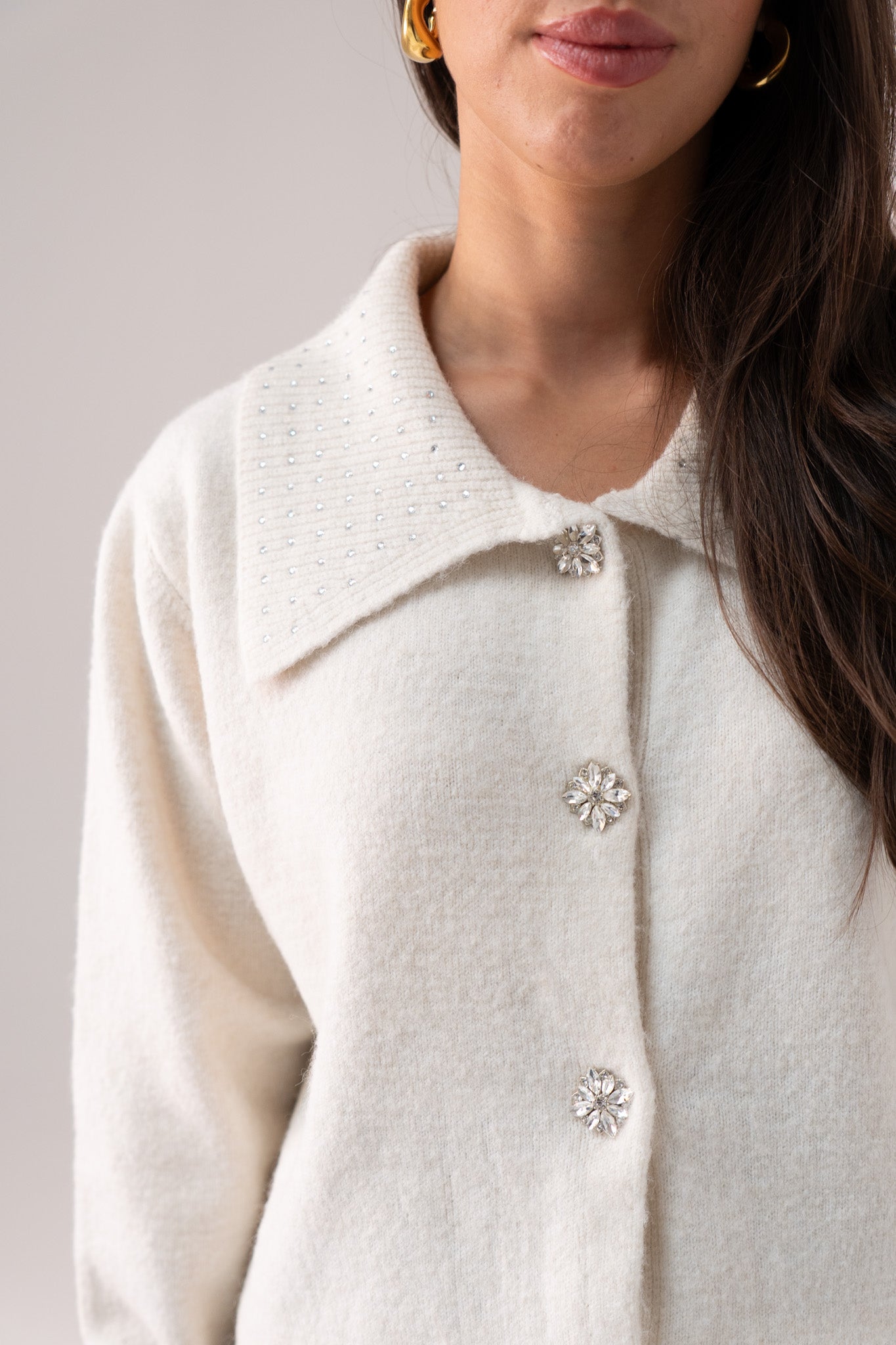 Cathy Studded Collar Cardigan In Cream