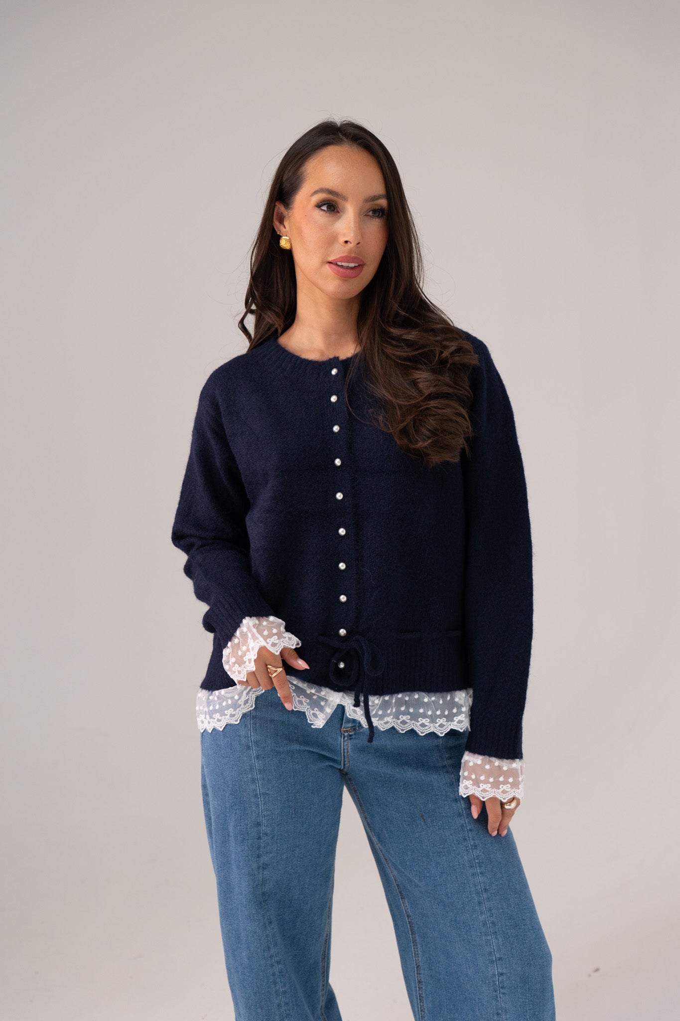 Cathy Drawstring Cardigan In Navy