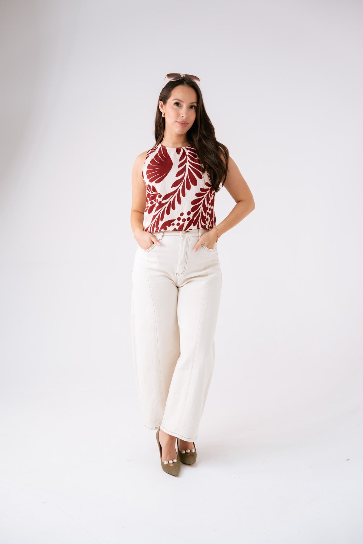 Connie Bordeaux Printed Top In Cream