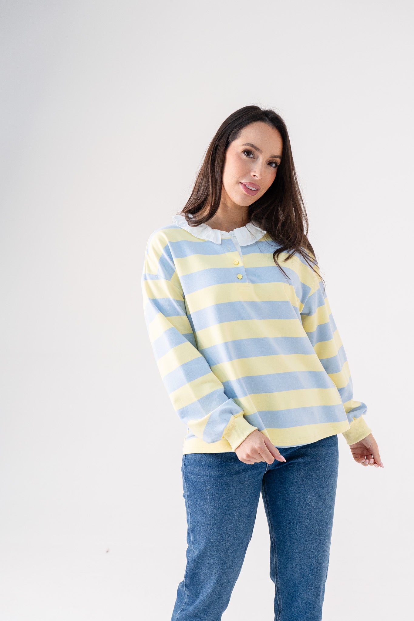 Connie Frill Collar Rugby Shirt In Blue Mix