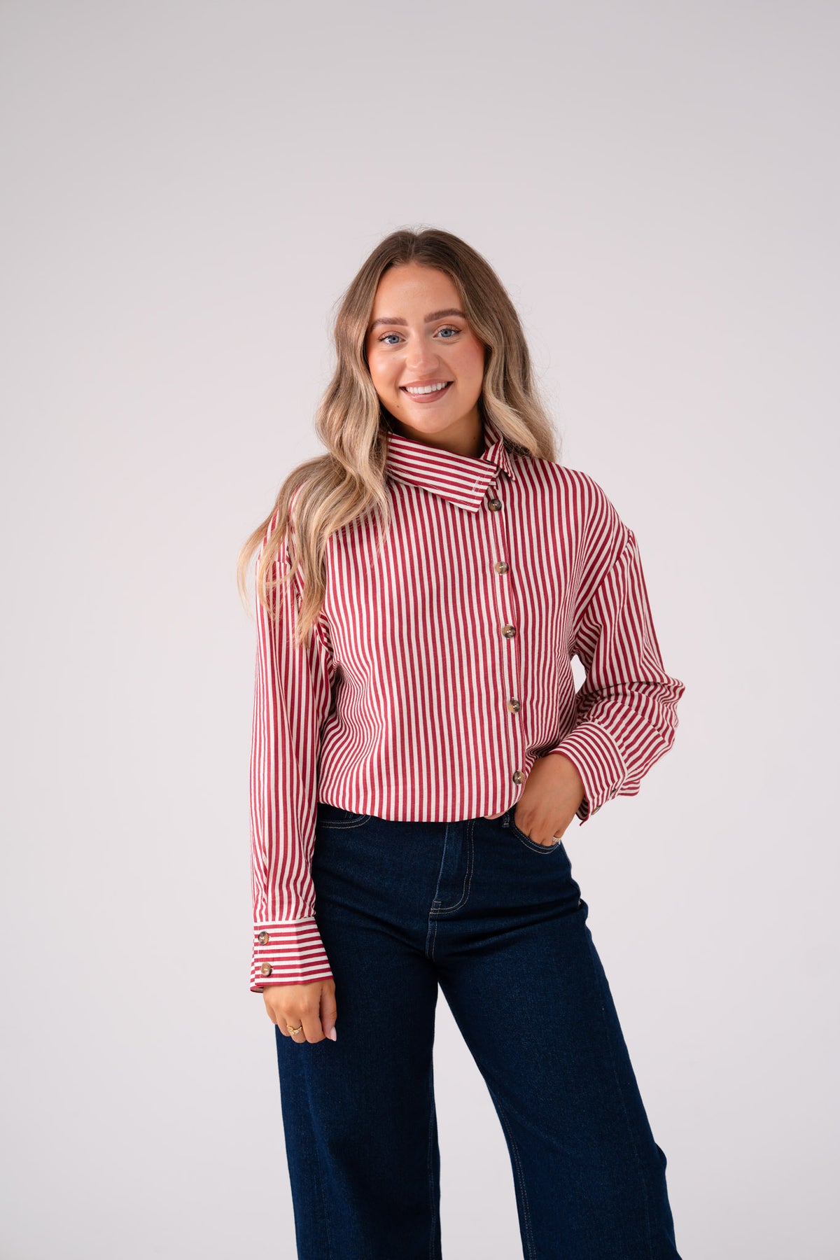 Connie Funnel Neck Stripe Shirt In Red