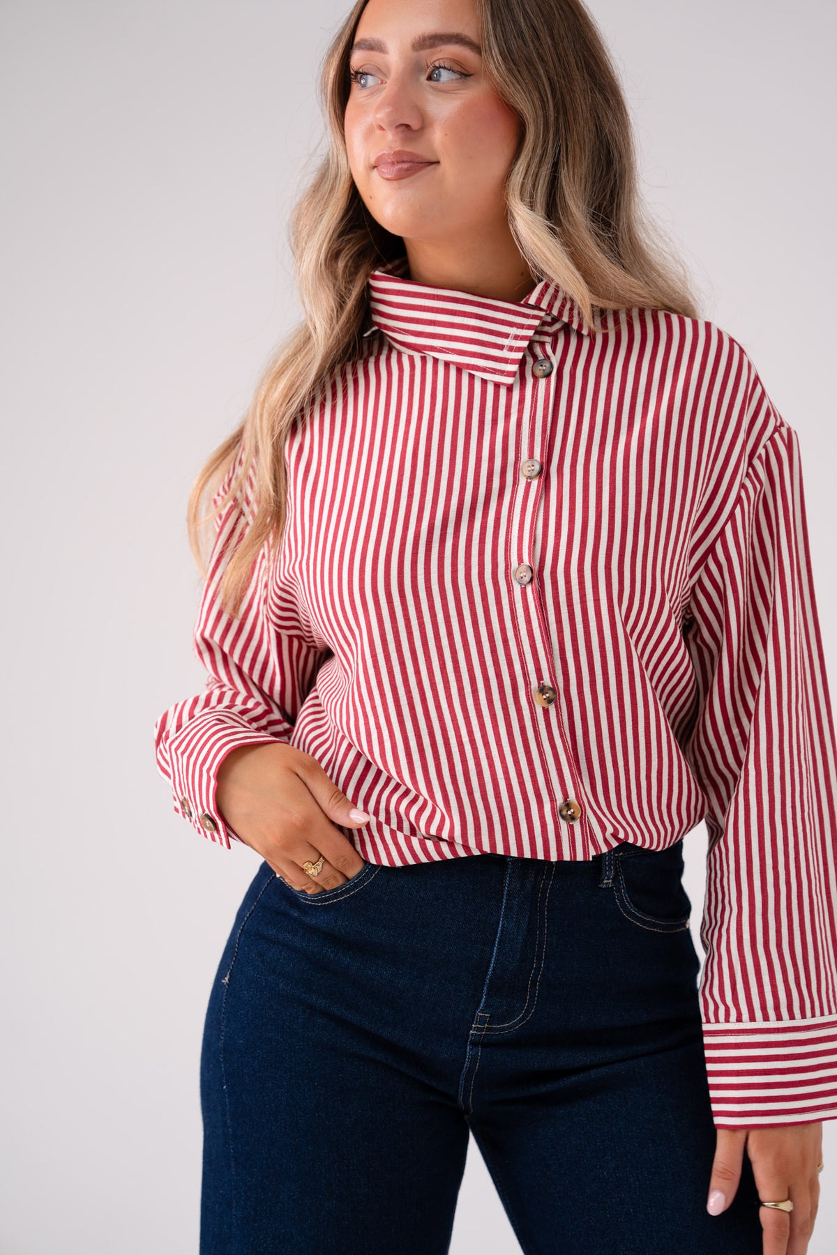 Connie Funnel Neck Stripe Shirt In Red