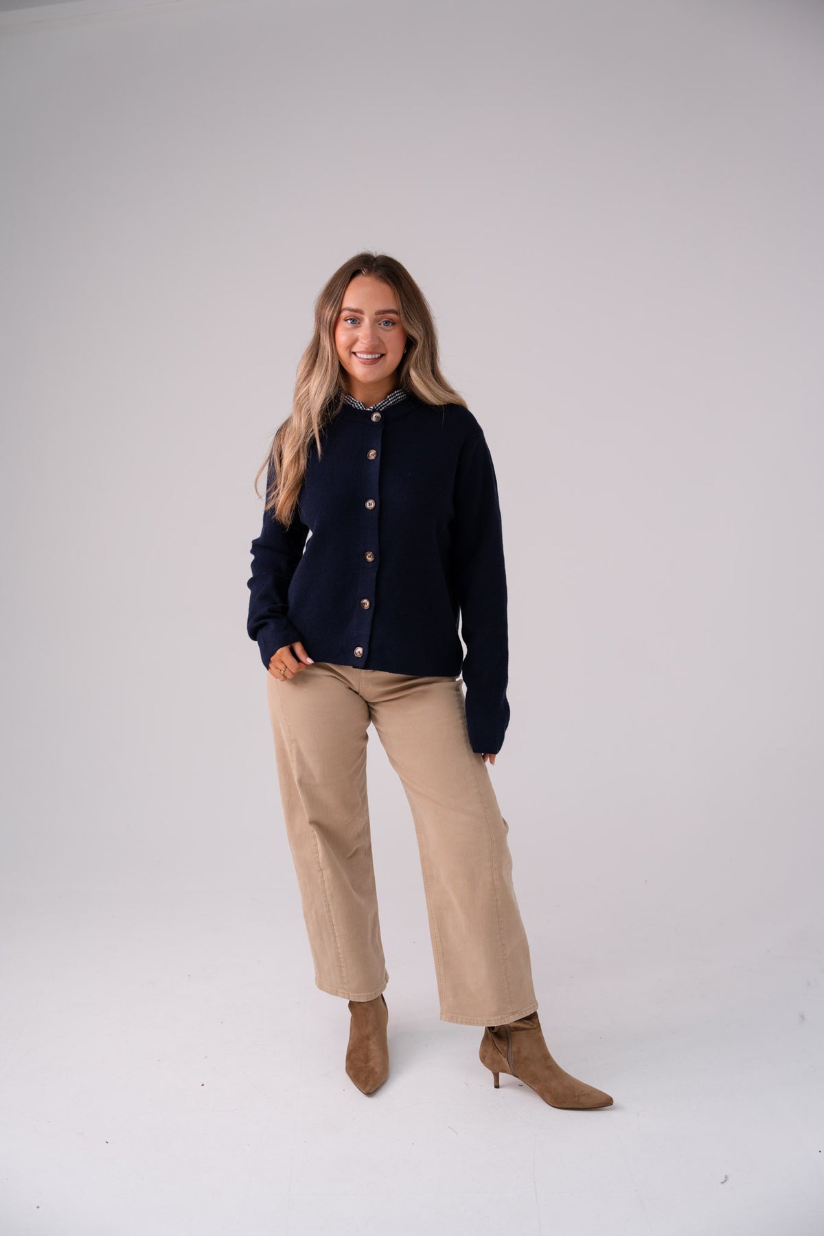 Connie Gingham Collar Cardigan In Navy
