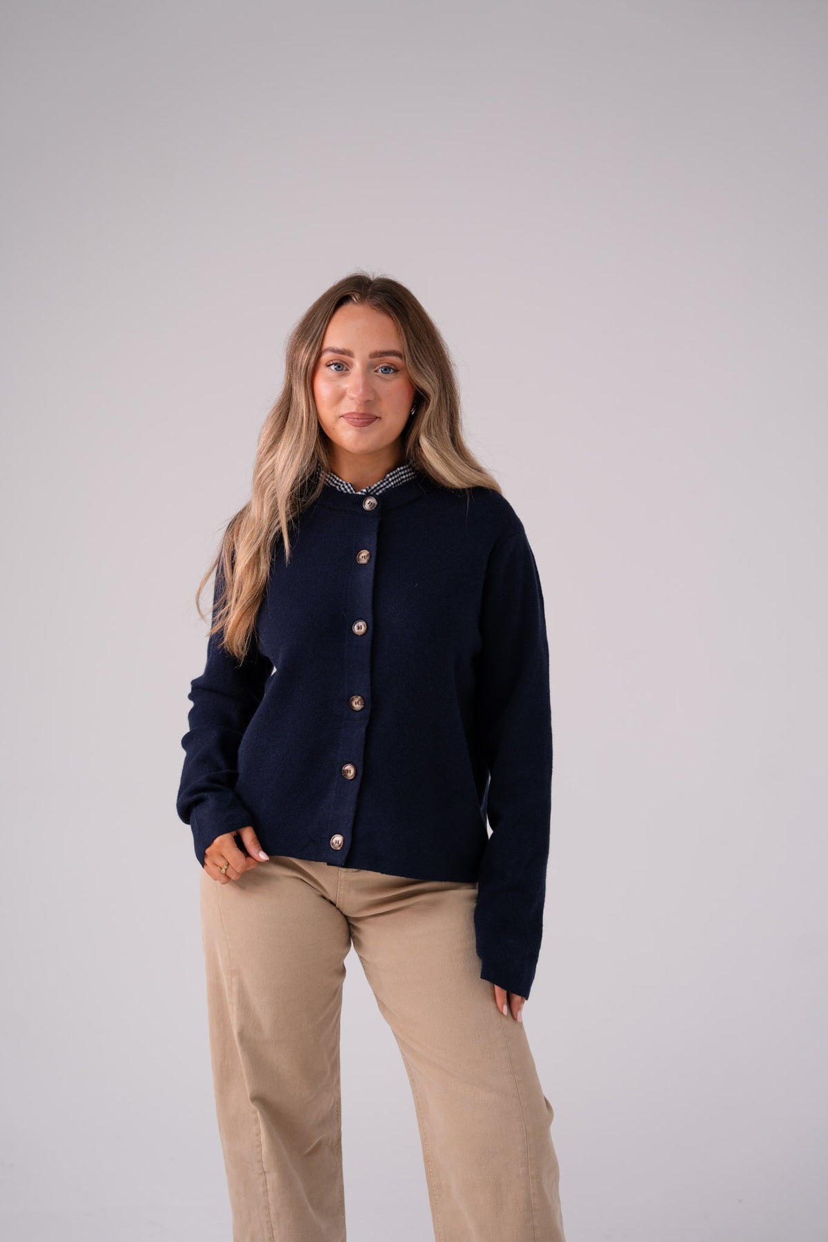 Connie Gingham Collar Cardigan In Navy