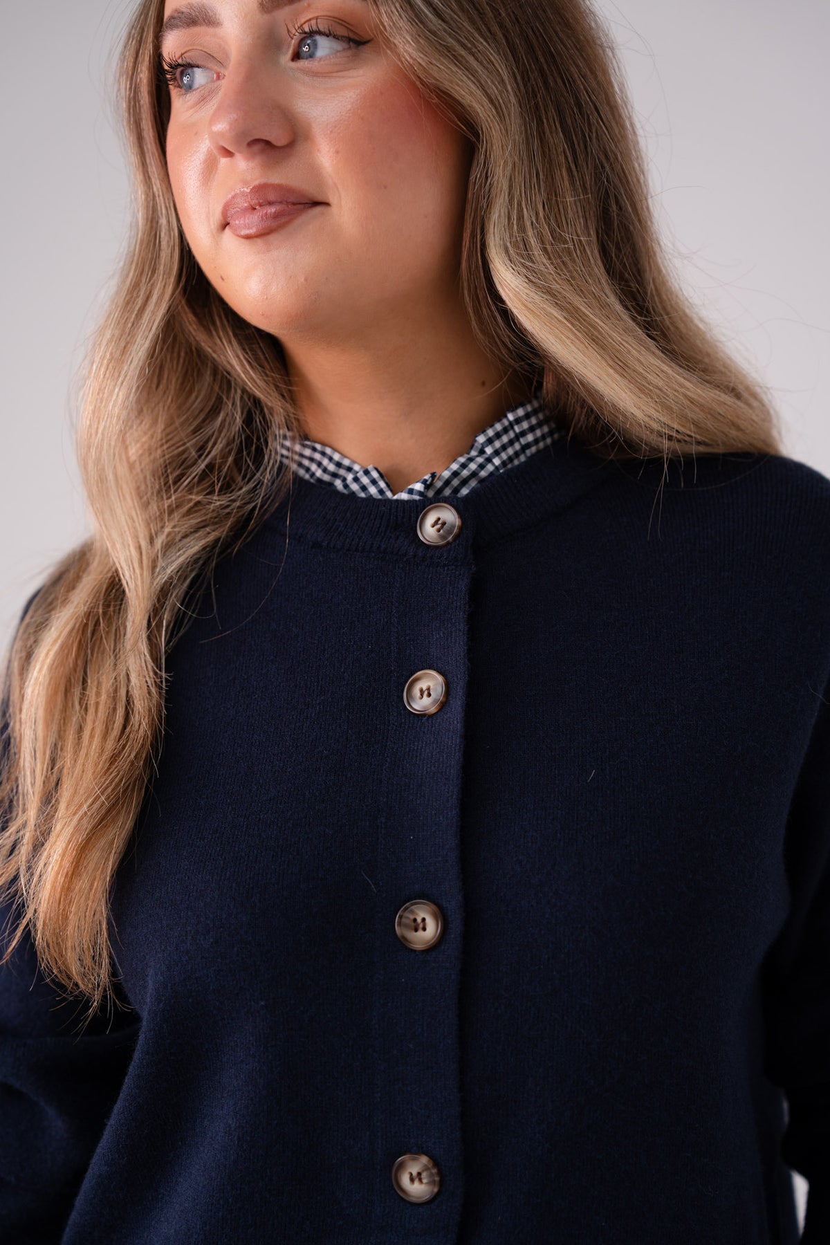 Connie Gingham Collar Cardigan In Navy