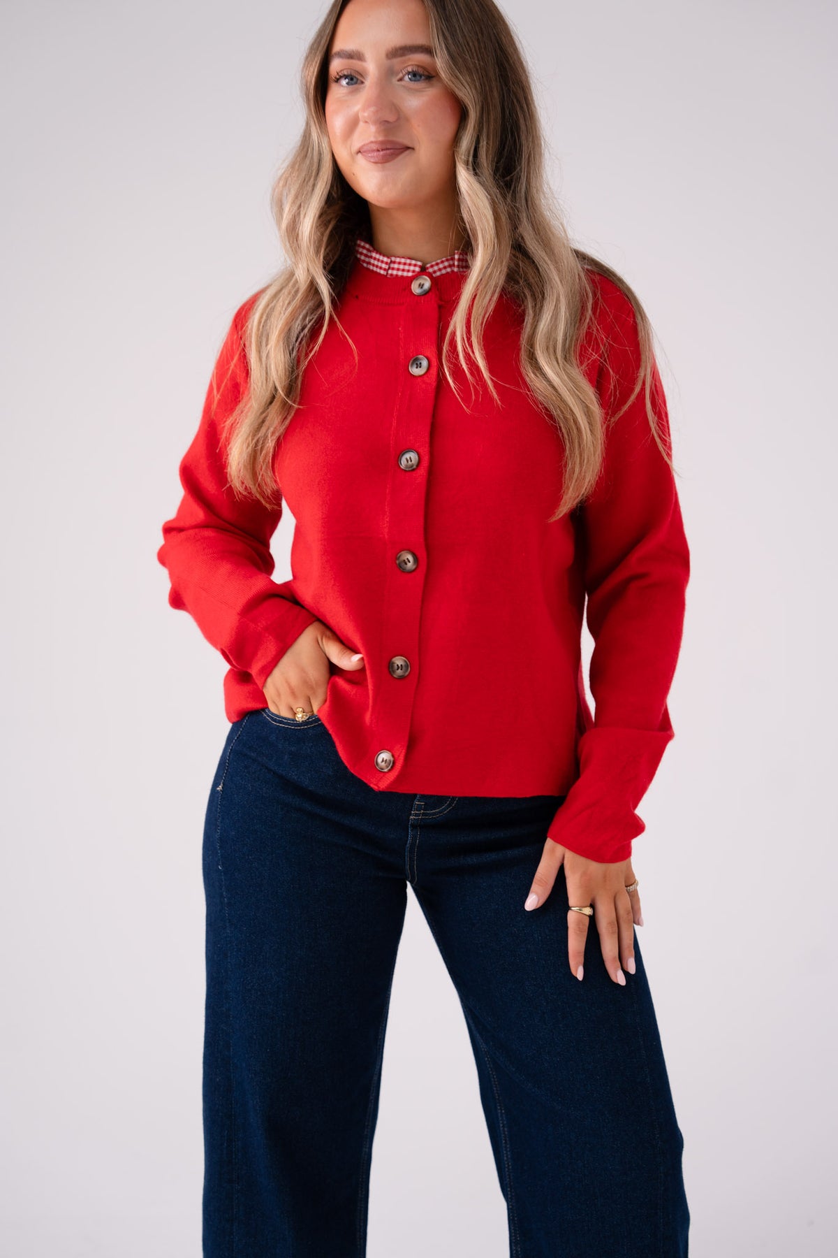 Connie Gingham Collar Cardigan In Red