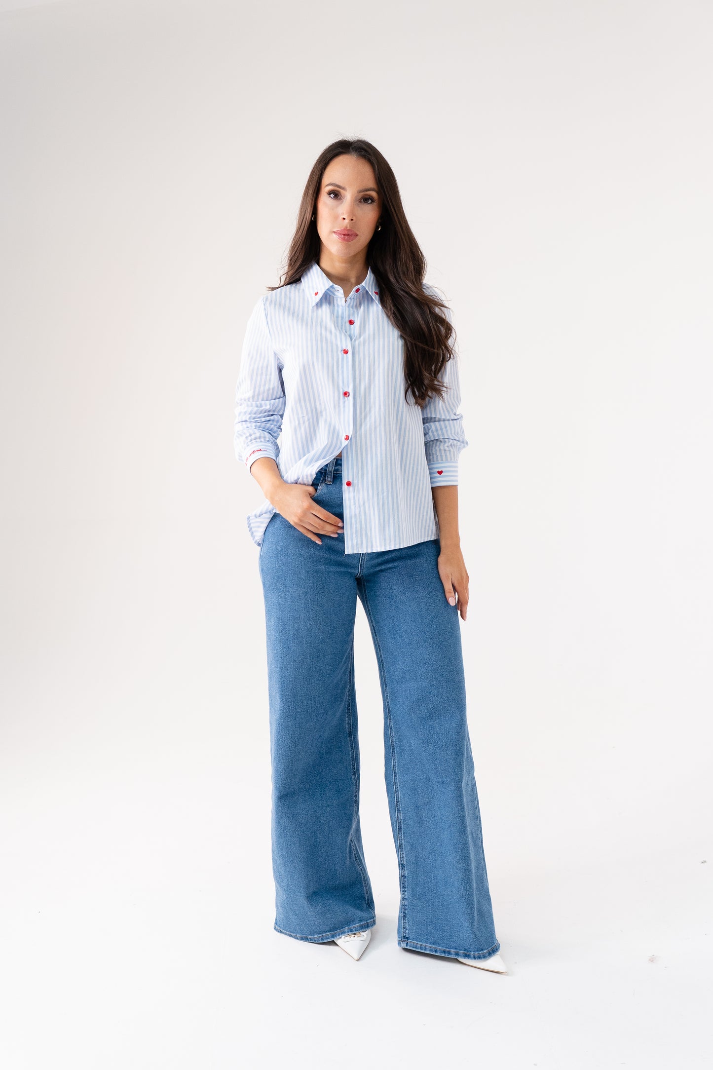 Connie Heart Detail Pinstripe Shirt In Blue
