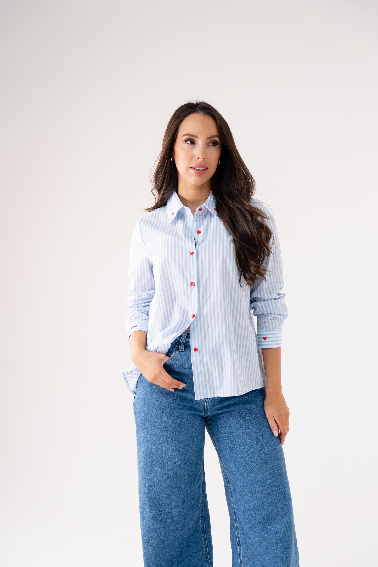 Connie Heart Detail Pinstripe Shirt In Blue