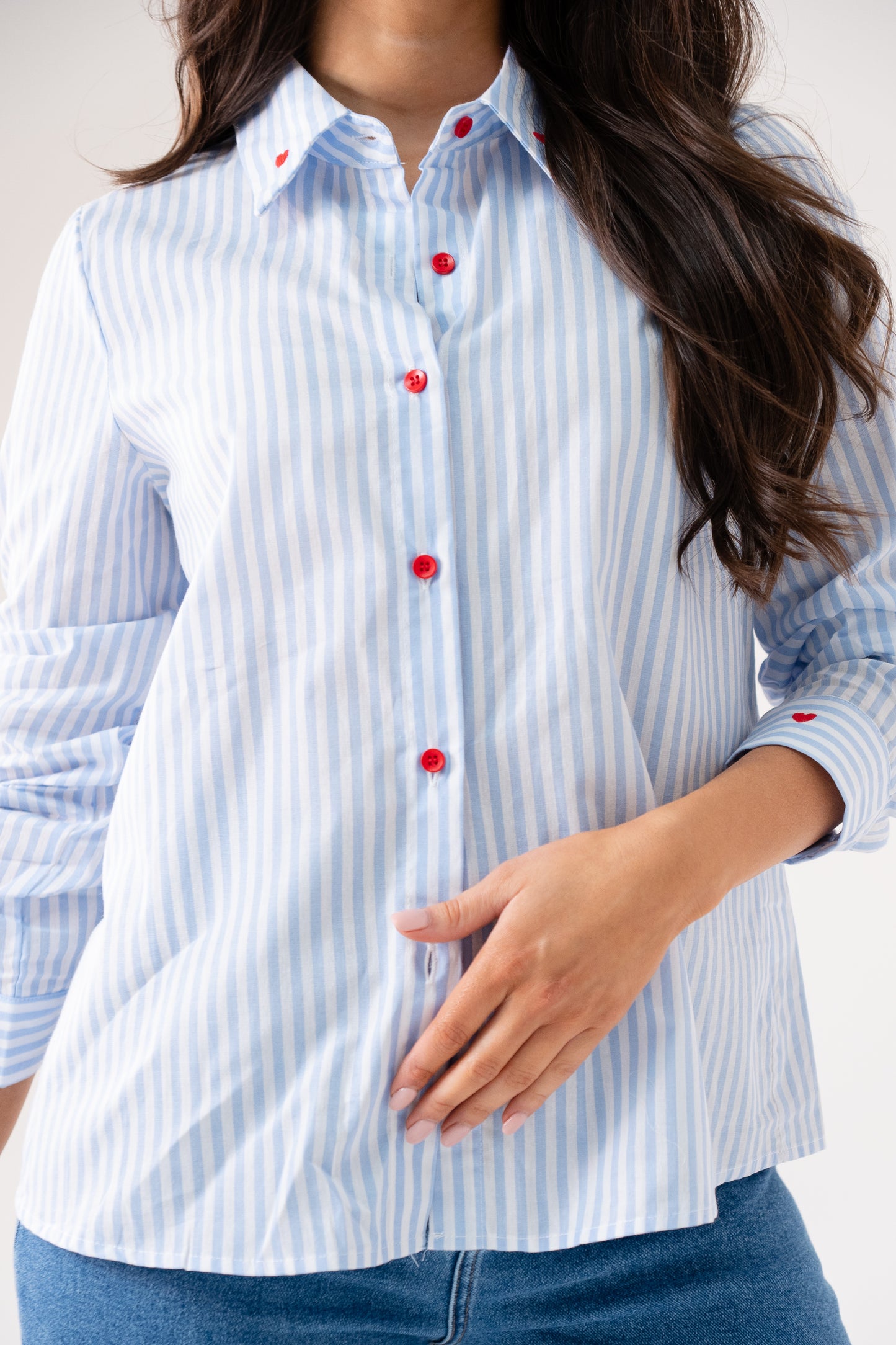 Connie Heart Detail Pinstripe Shirt In Blue