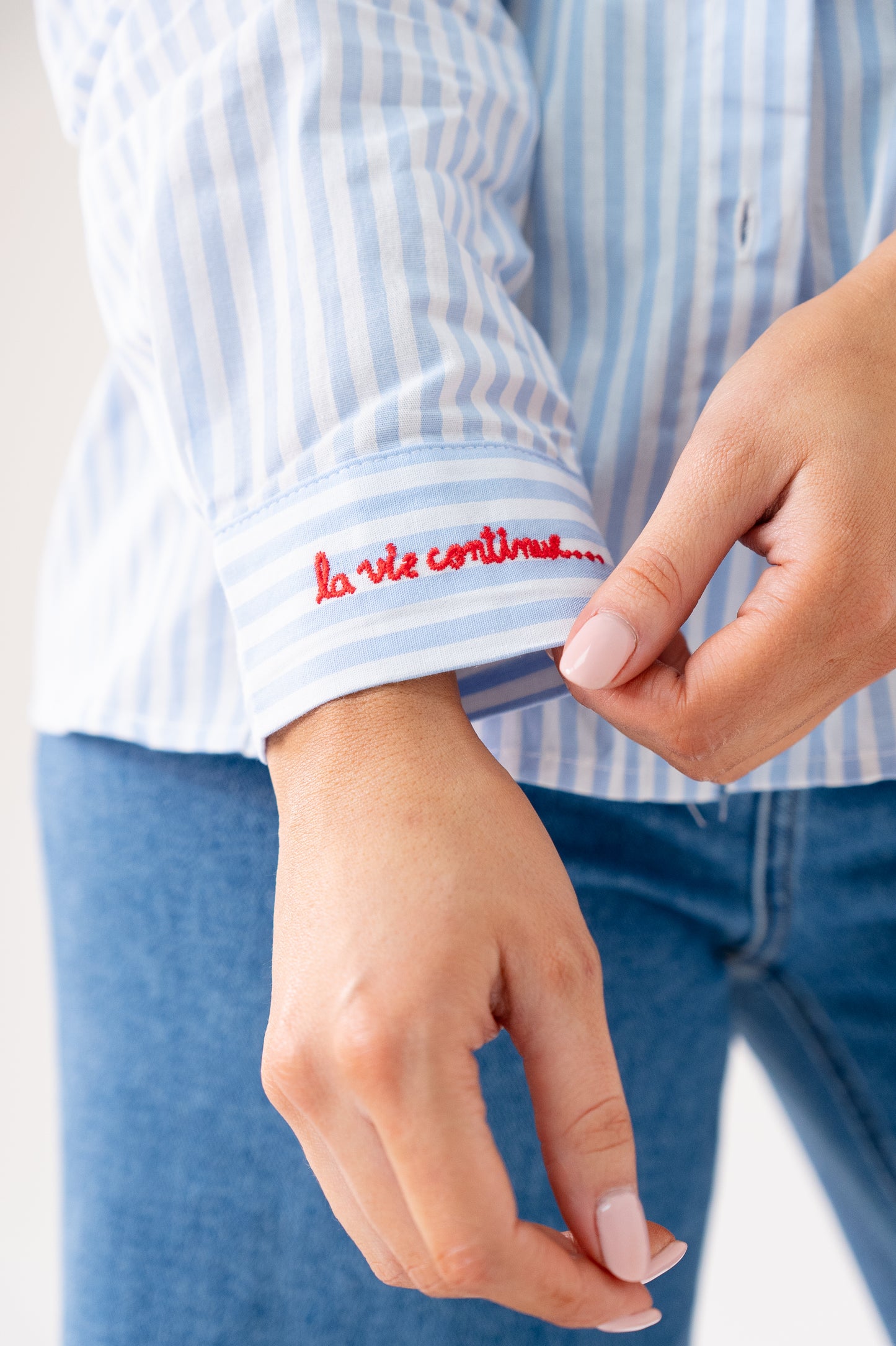 Connie Heart Detail Pinstripe Shirt In Blue
