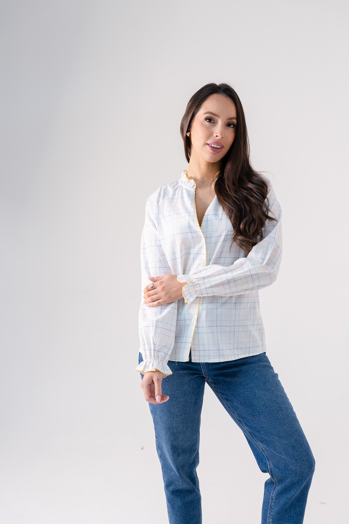 Connie Pastel Check Blouse In White