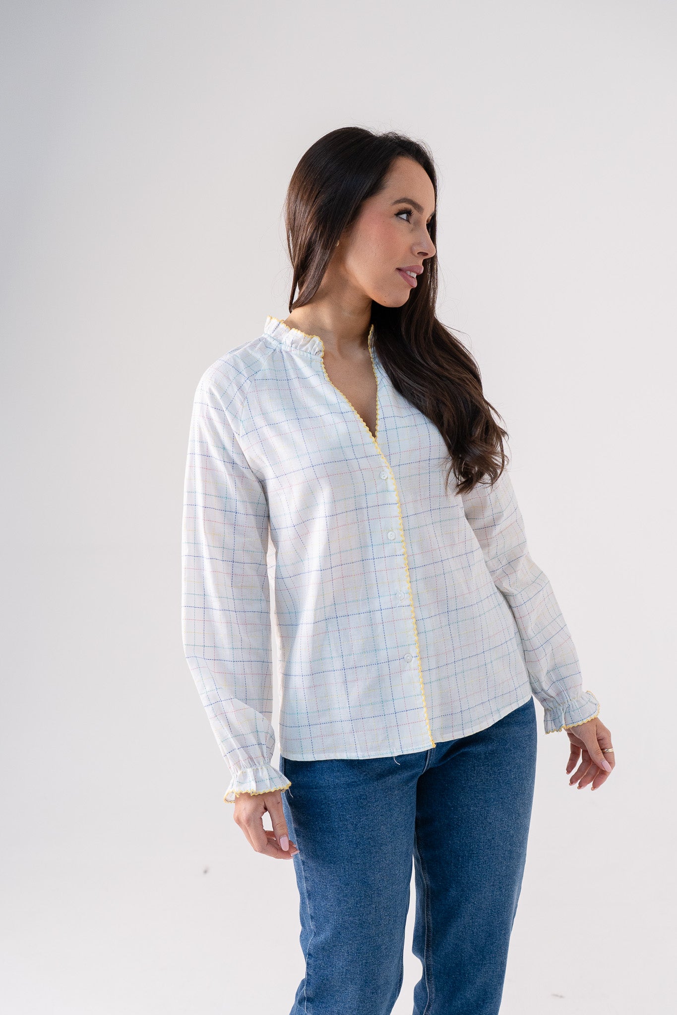 Connie Pastel Check Blouse In White