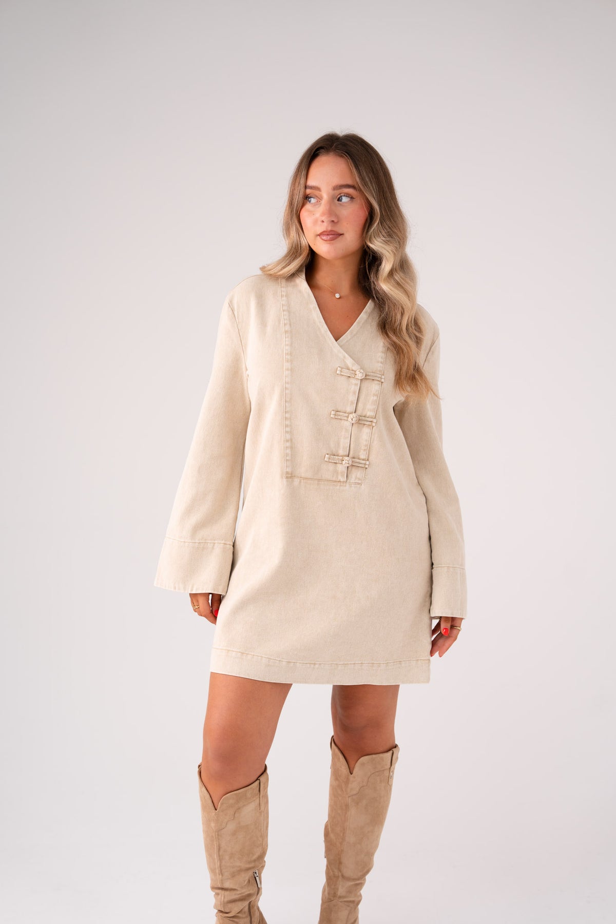 Cora Denim Shift Dress In Beige