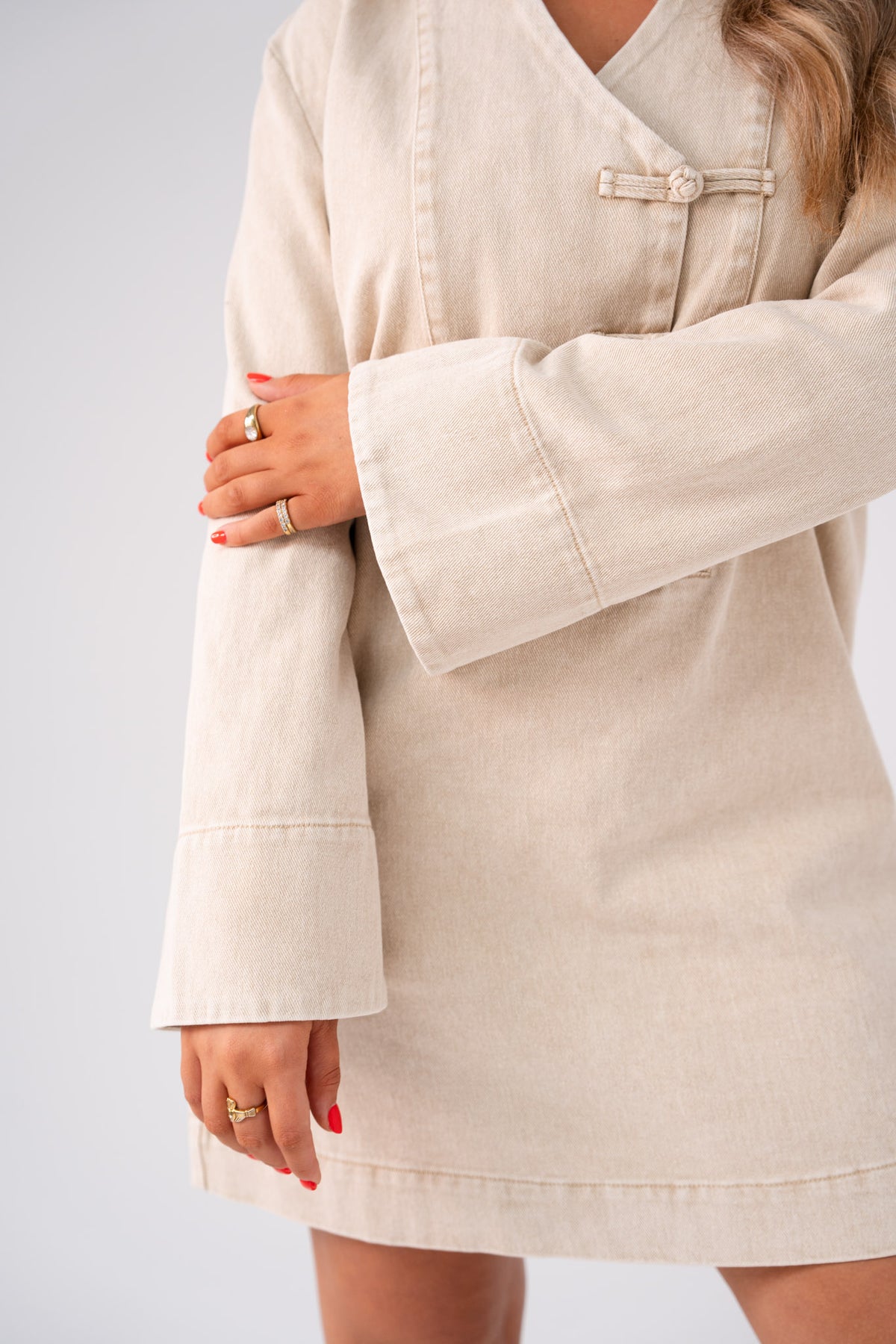 Cora Denim Shift Dress In Beige