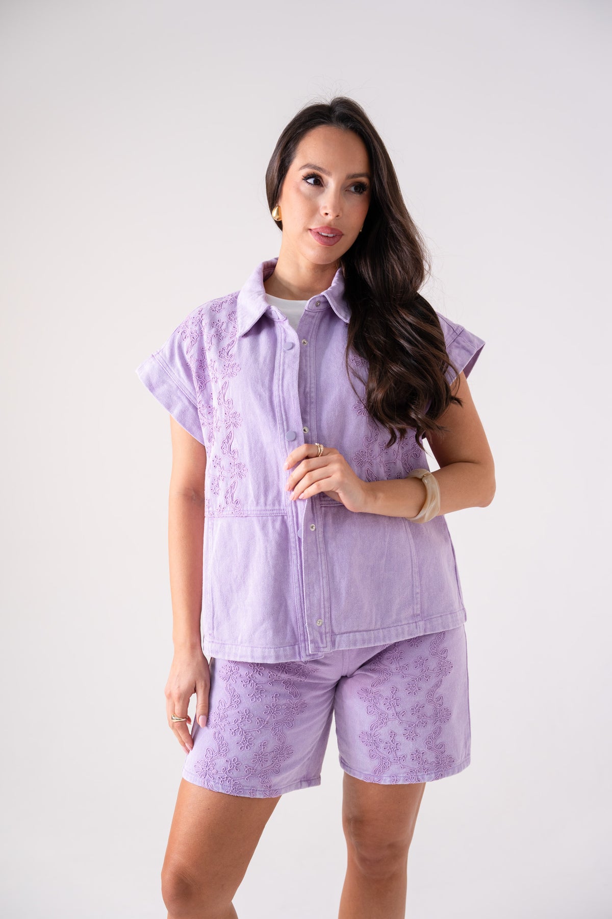 Cora Embroidered Denim Shirt In Lilac
