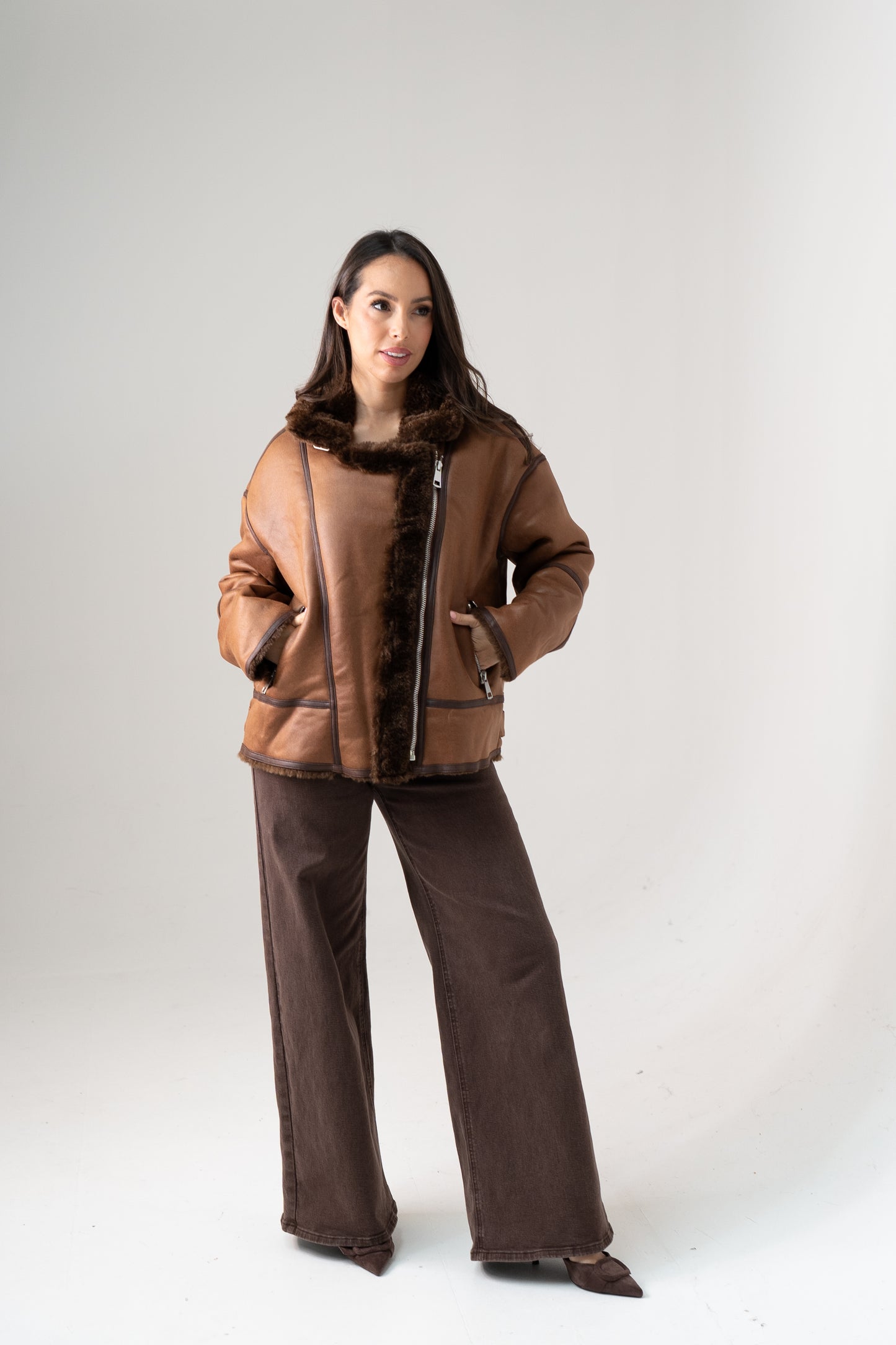 Cora Faux Fur Trim Jacket In Chocolate