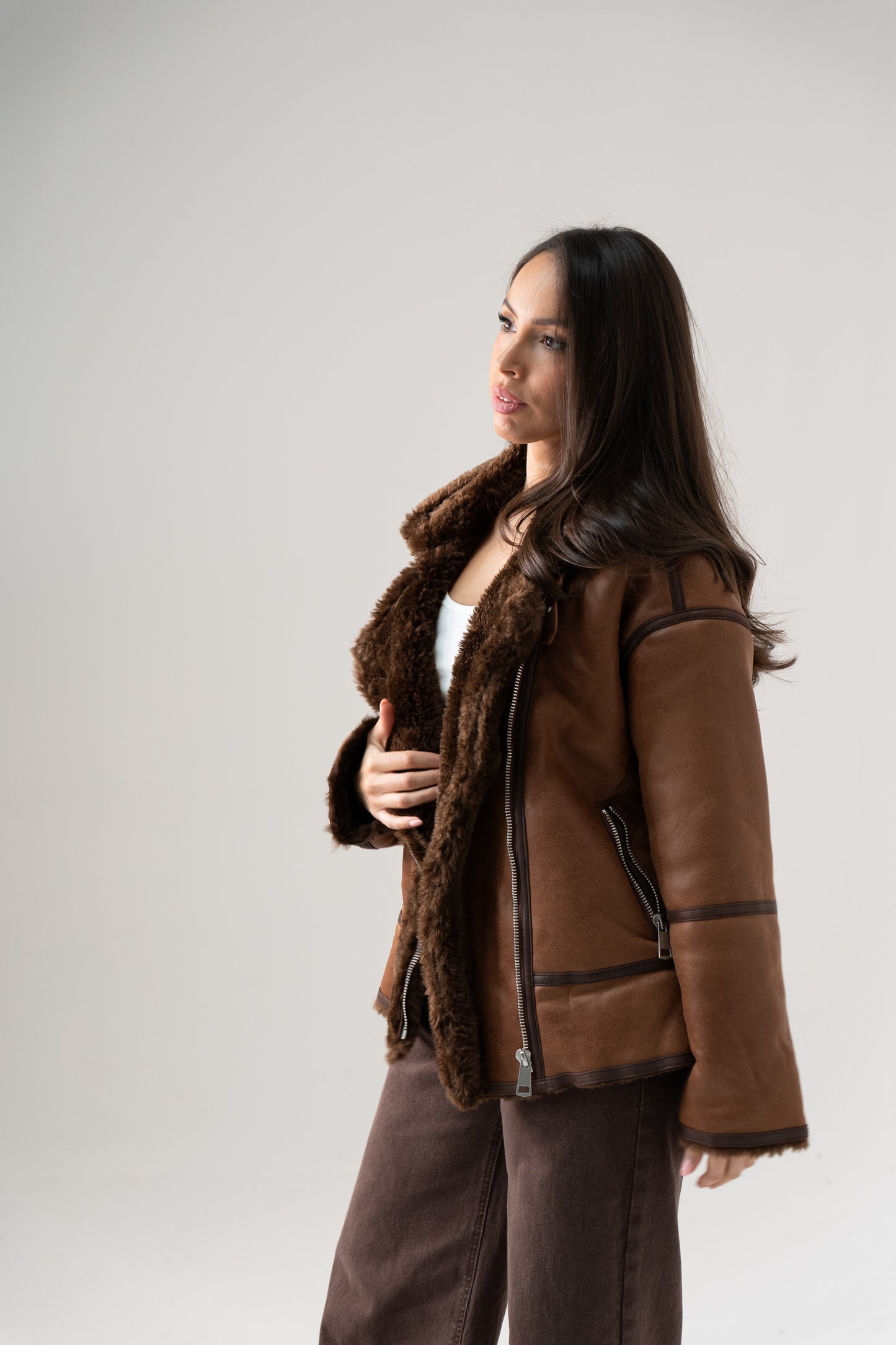 Cora Faux Fur Trim Jacket In Chocolate