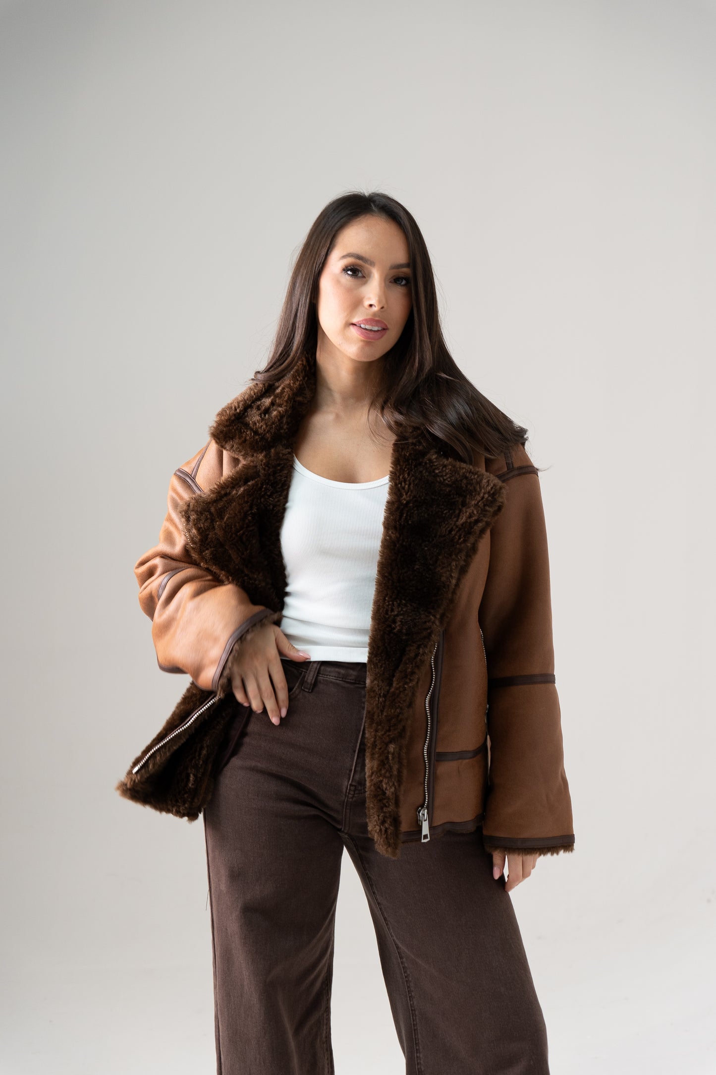 Cora Faux Fur Trim Jacket In Chocolate