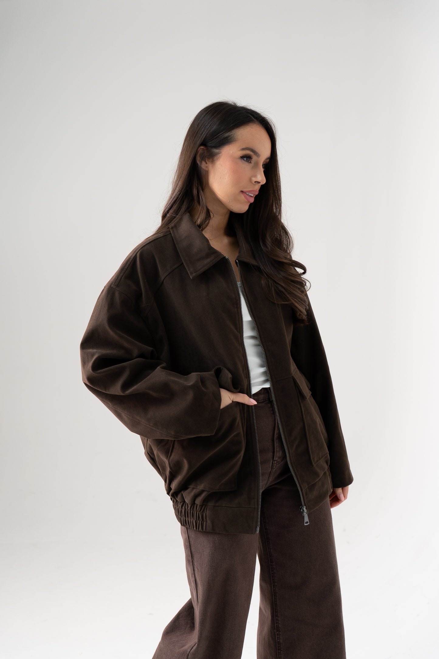 Cora Faux Suede Jacket In Chocolate