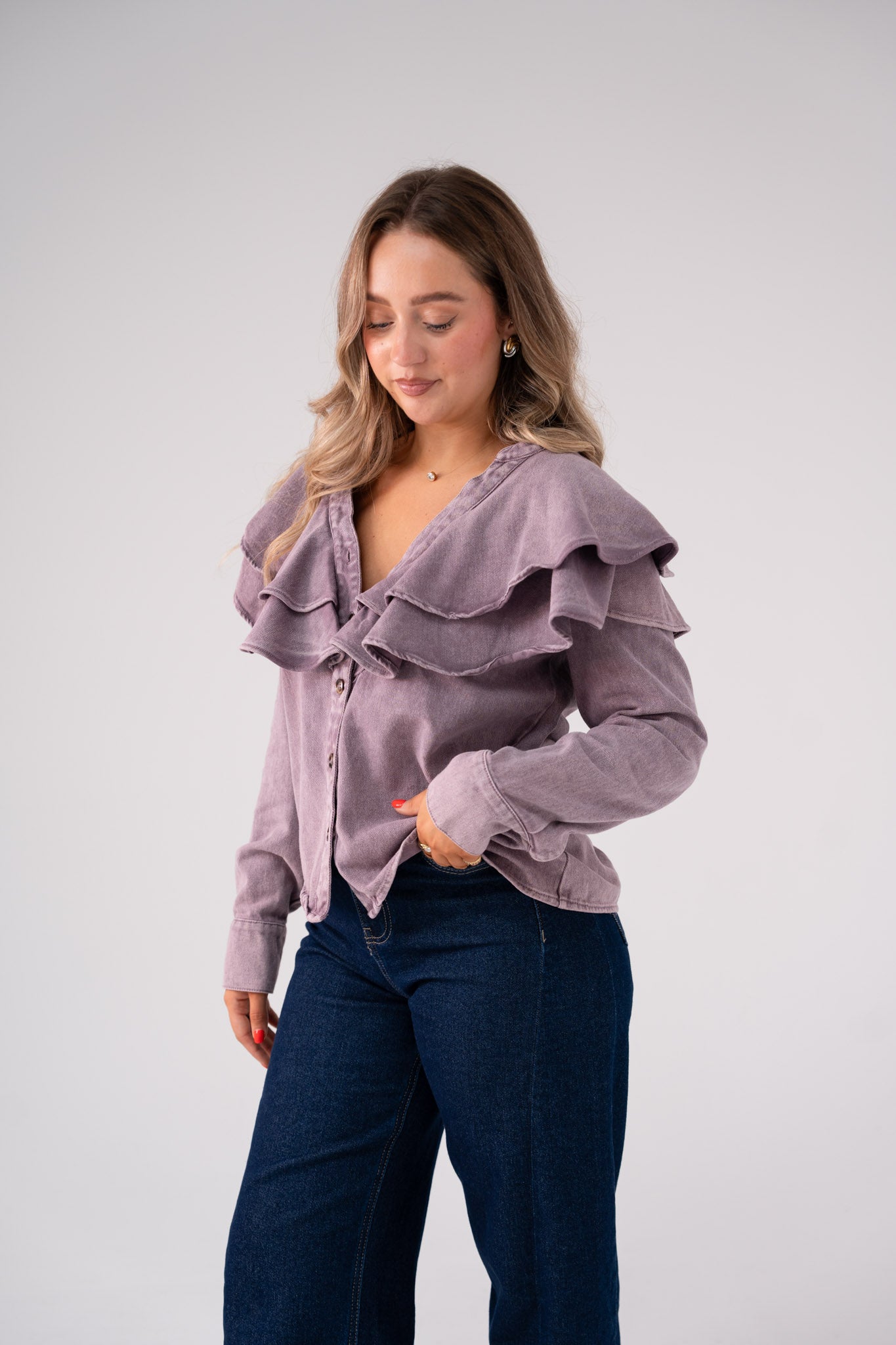 Cora Frill Collar Denim Shirt In Prune