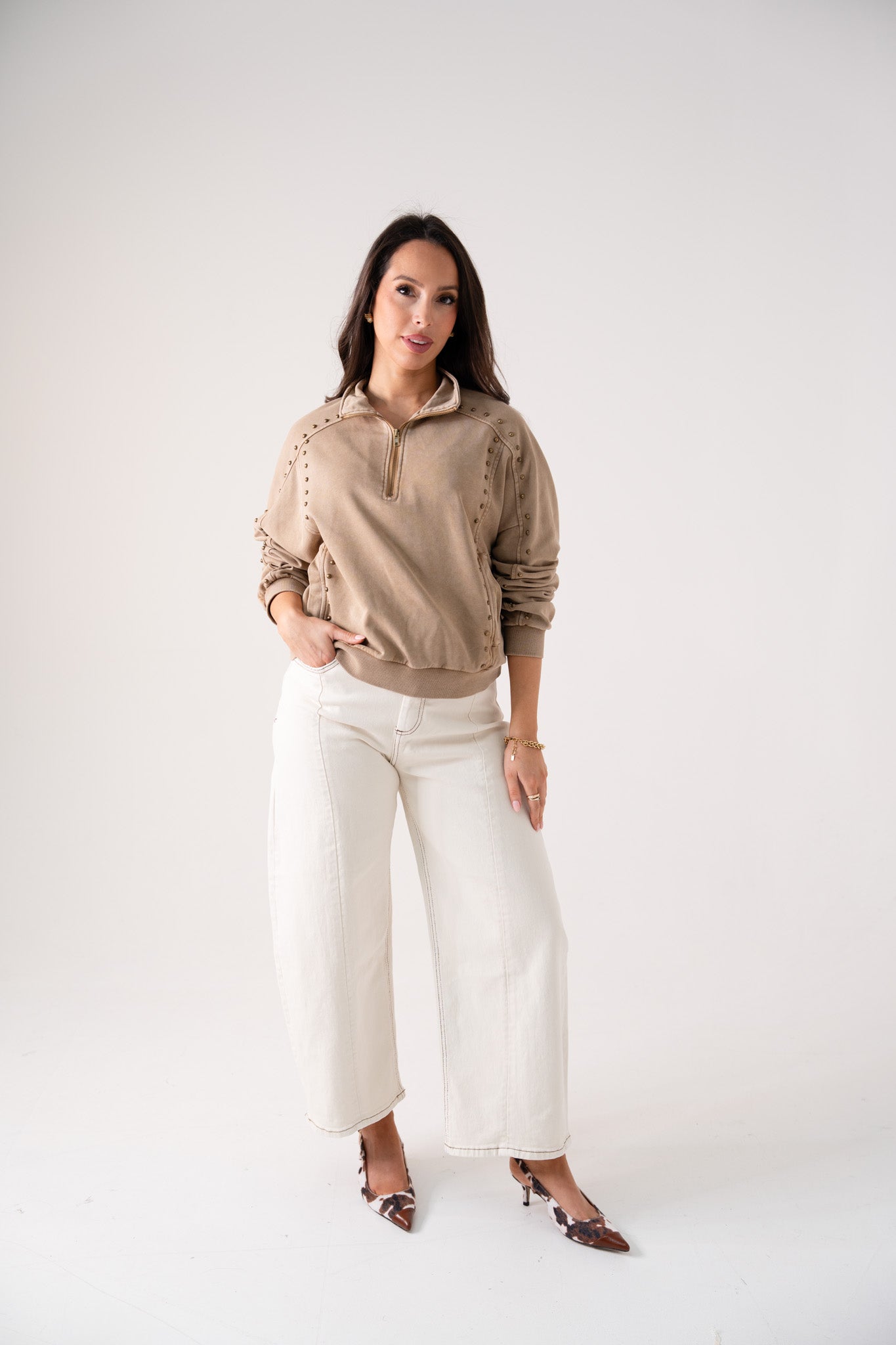 Cora Studded Half Zip Sweatshirt In Beige