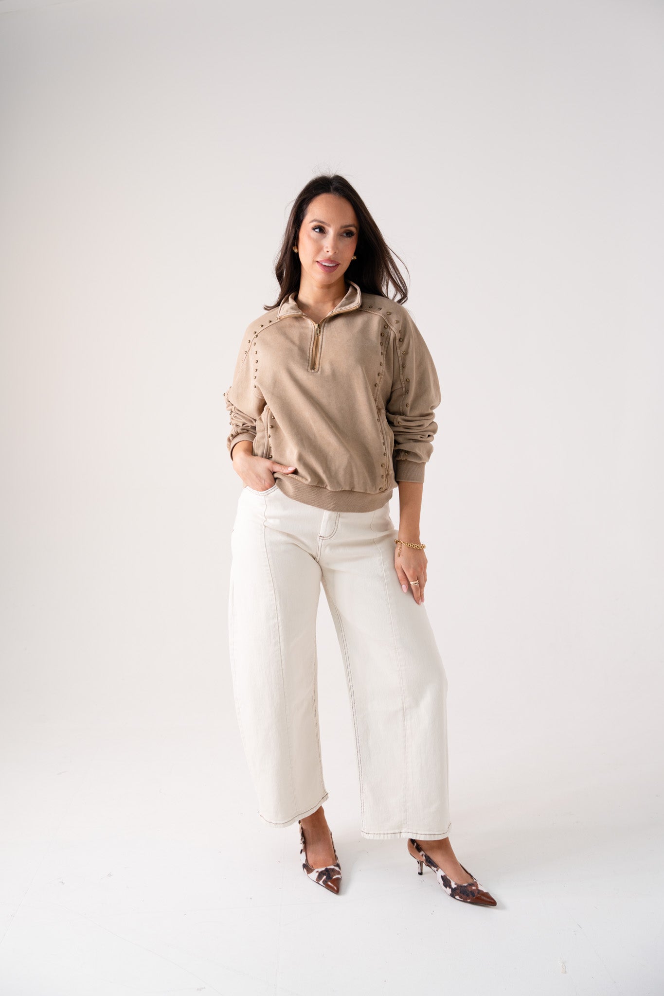 Cora Studded Half Zip Sweatshirt In Beige