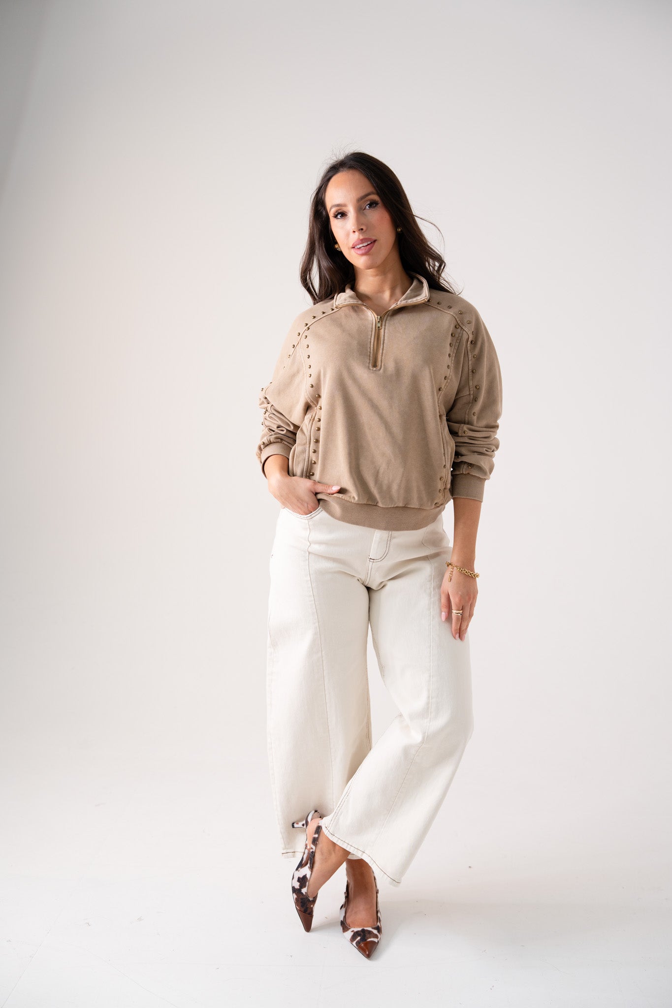 Cora Studded Half Zip Sweatshirt In Beige