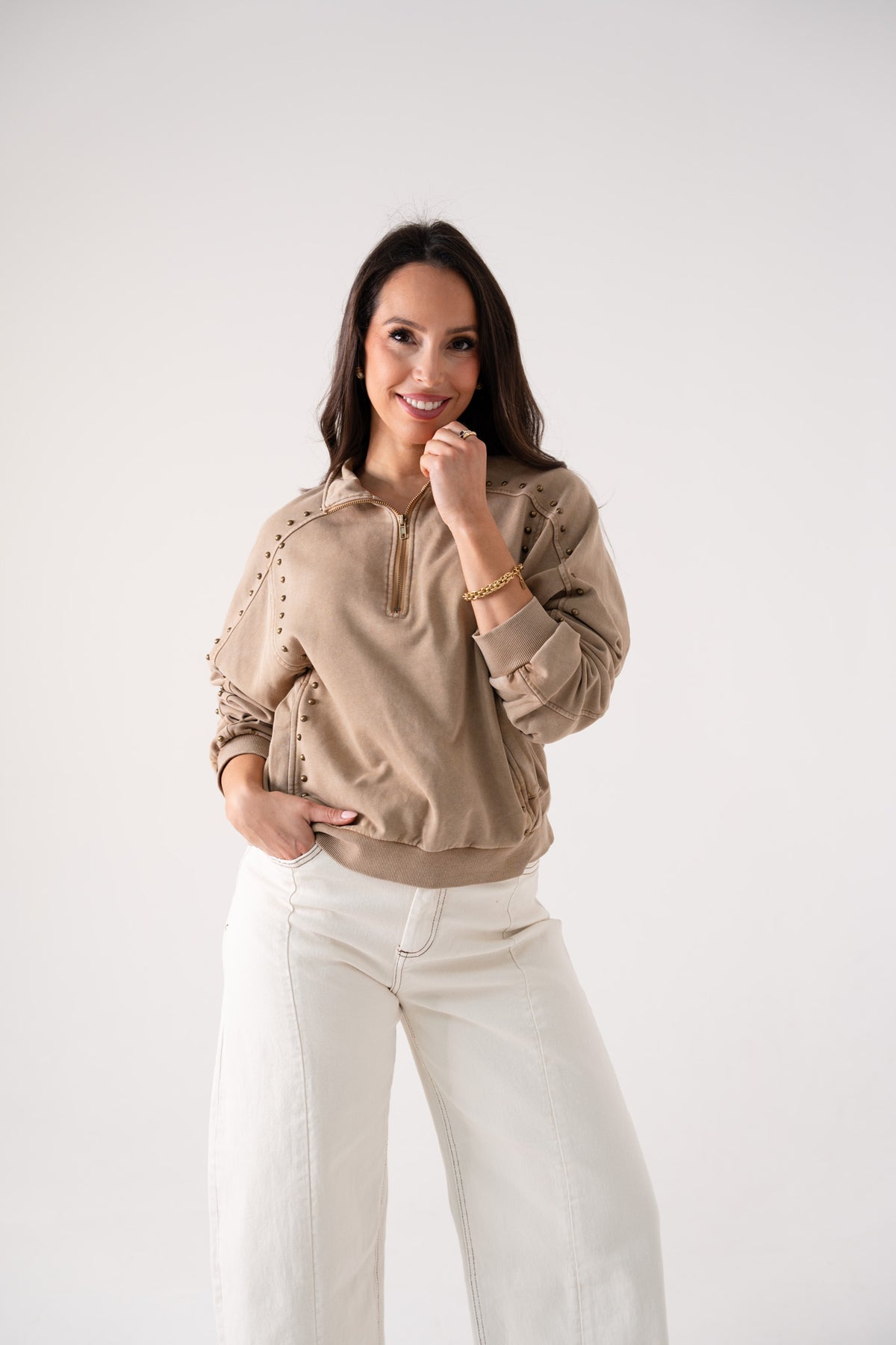 Cora Studded Half Zip Sweatshirt In Beige