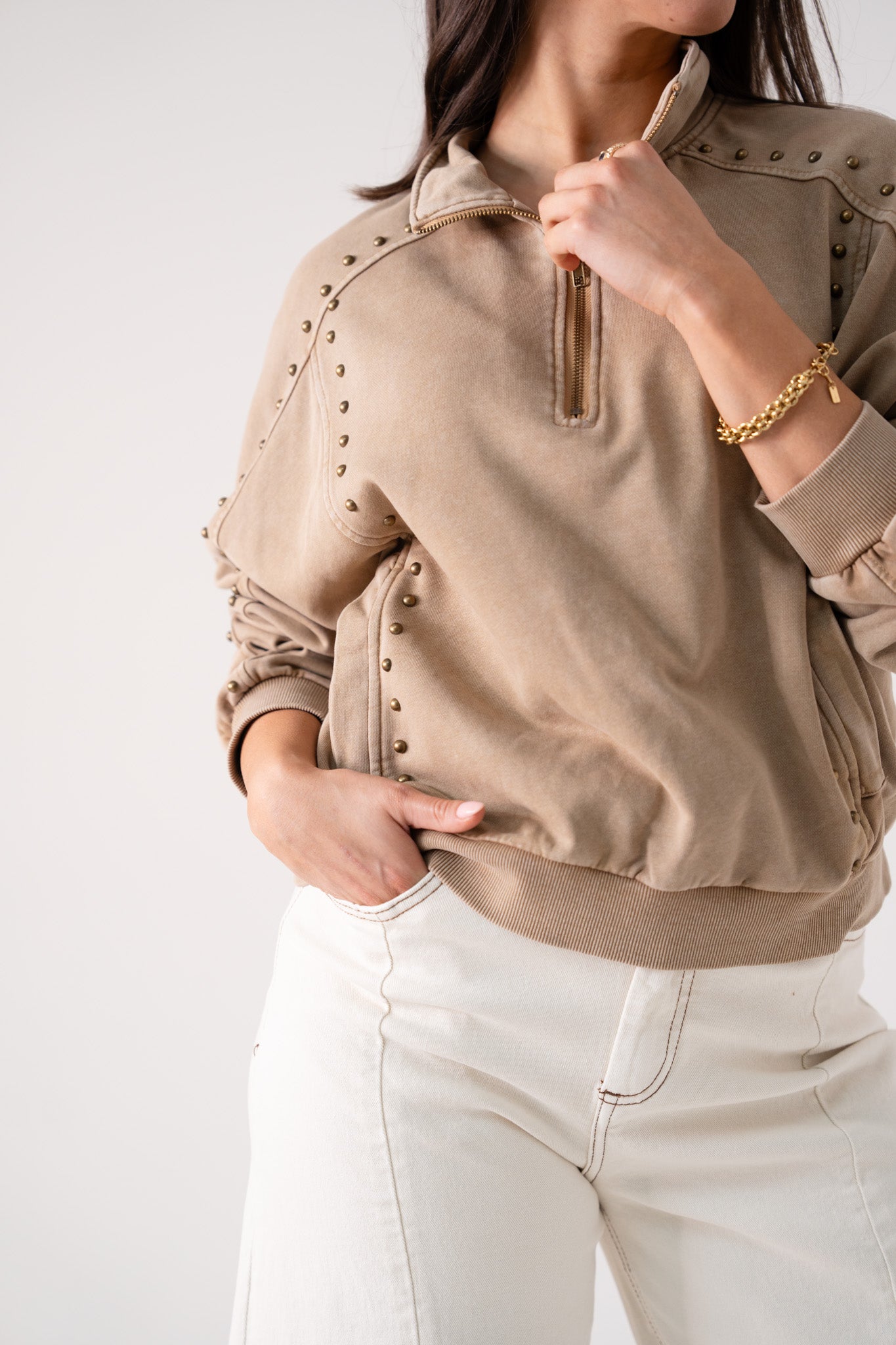 Cora Studded Half Zip Sweatshirt In Beige