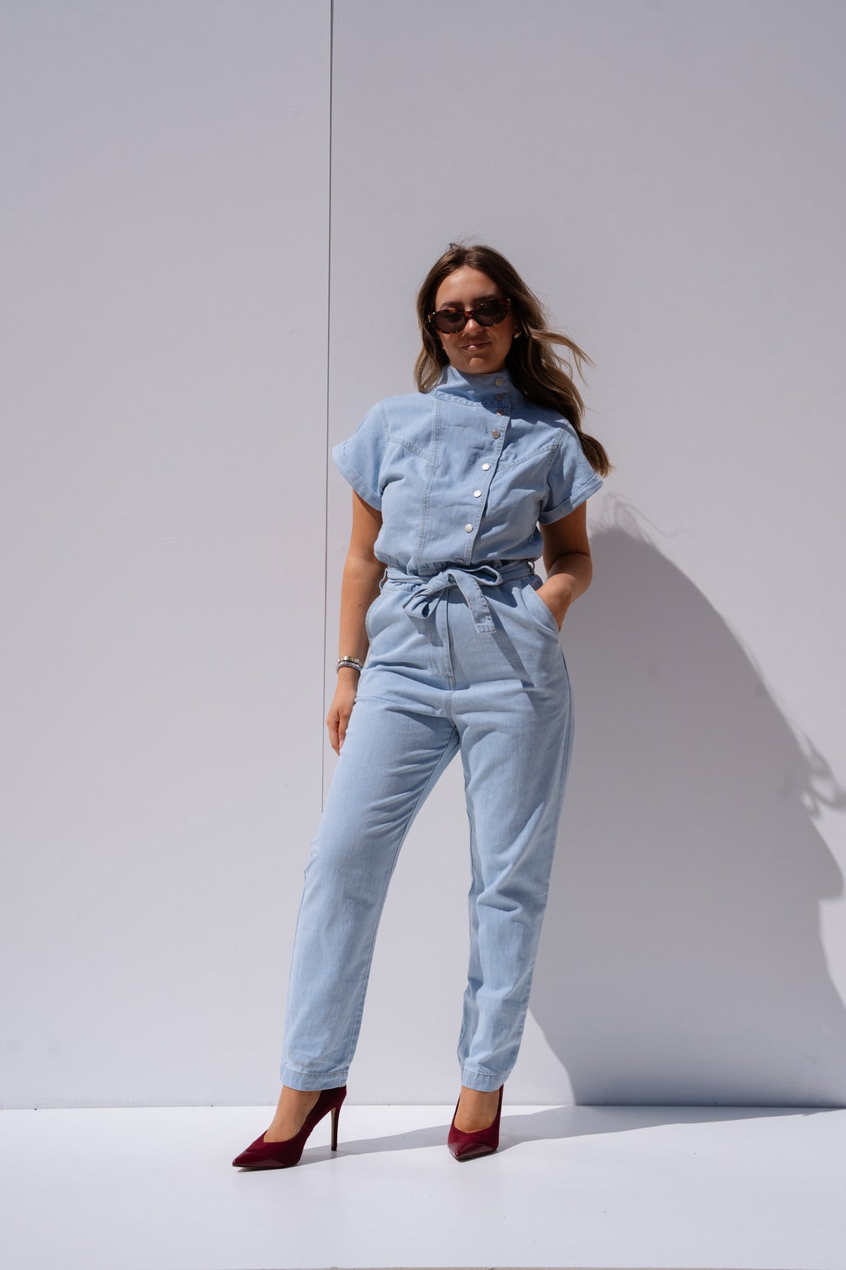 Cora Tie Waist Jumpsuit In Light Wash