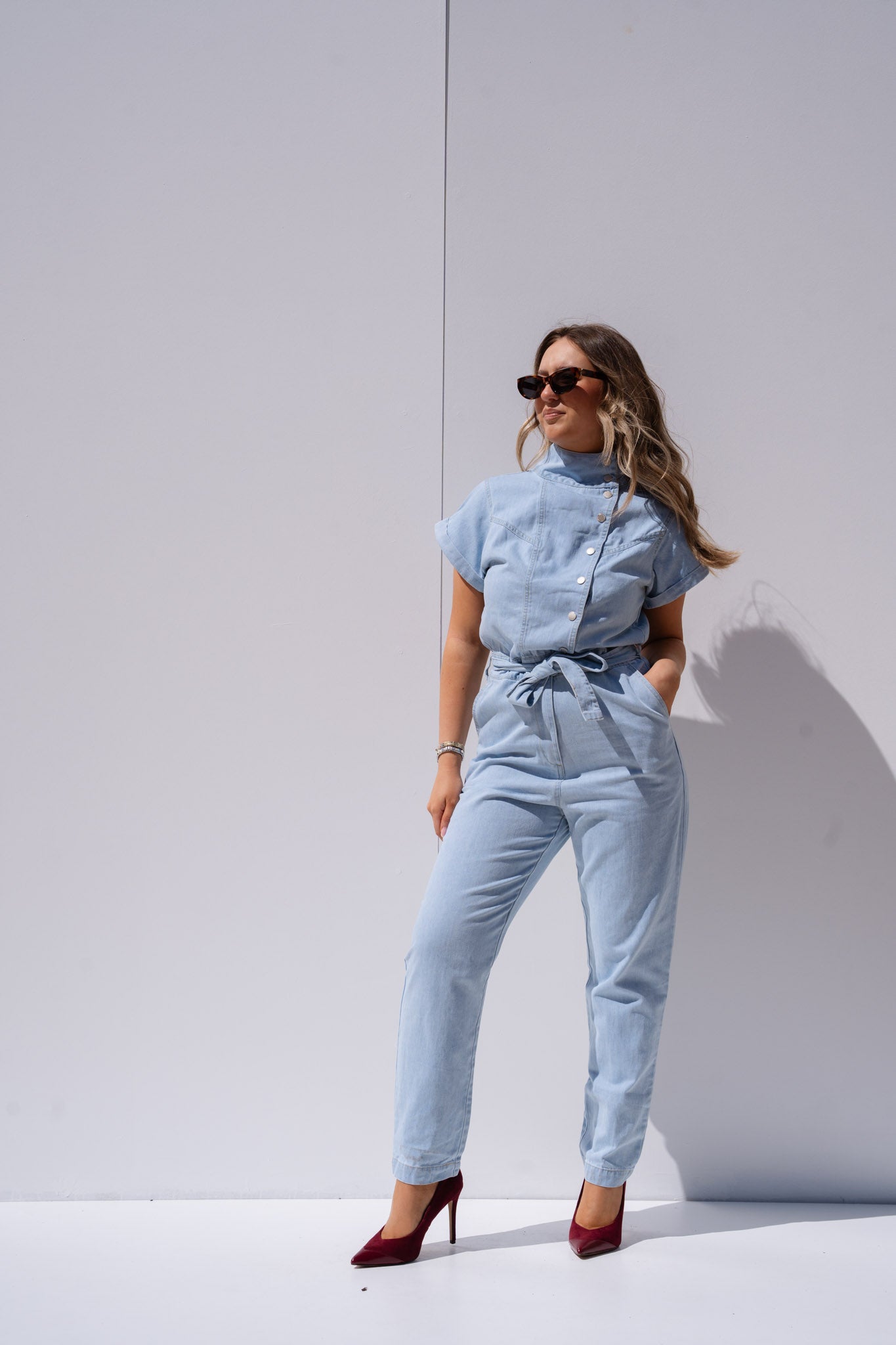 Cora Tie Waist Jumpsuit In Light Wash