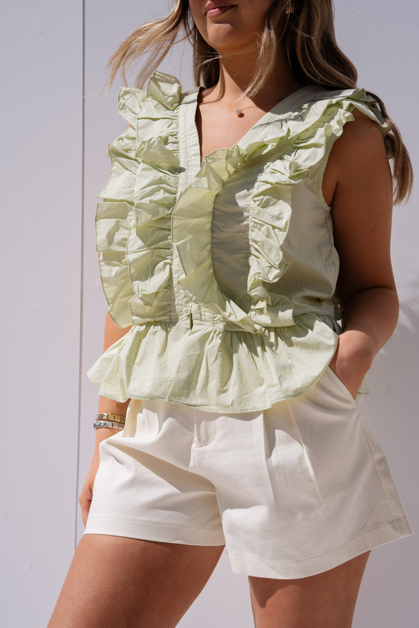 Cora V-Neck Ruffle Blouse In Green
