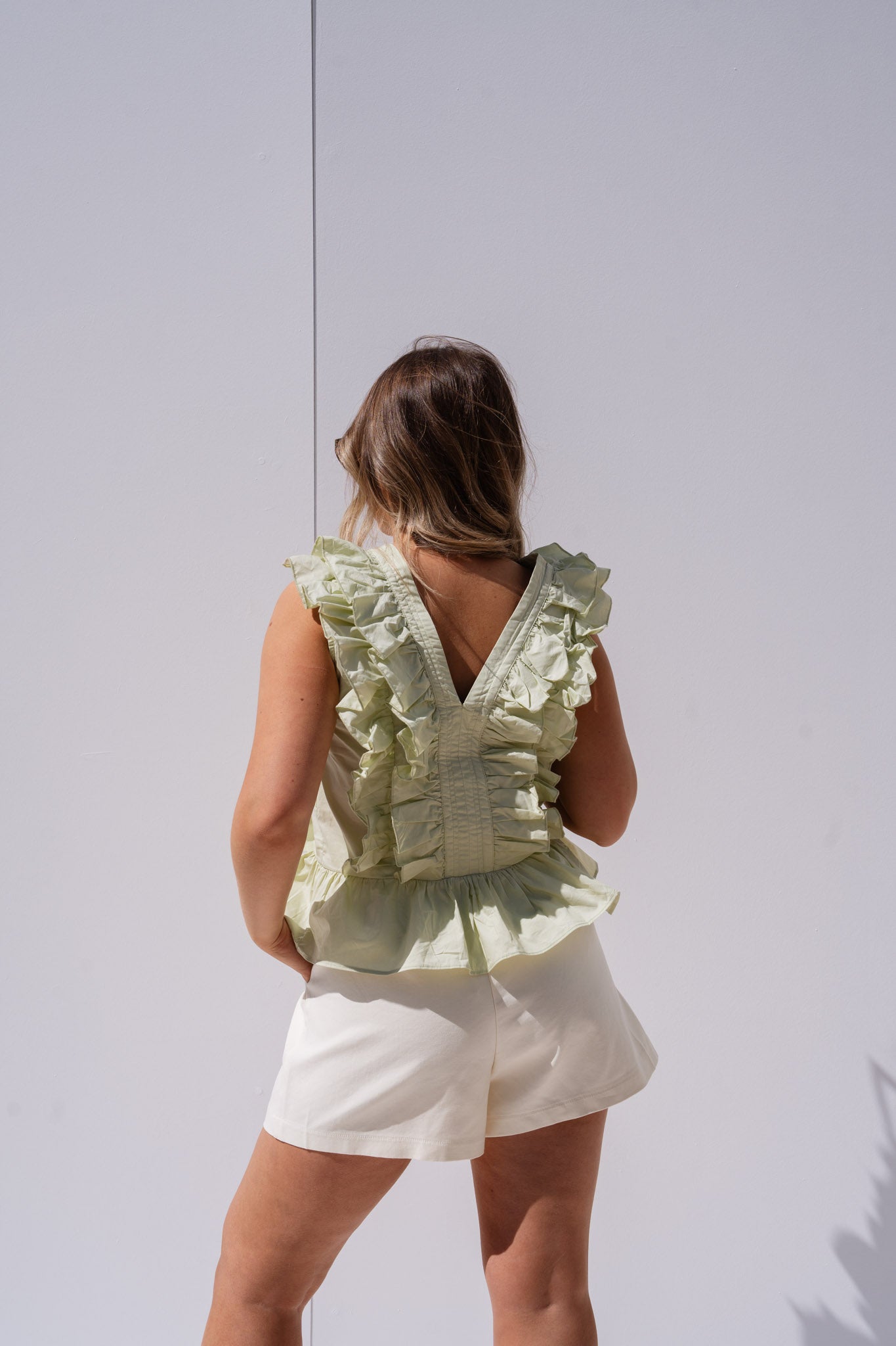 Cora V-Neck Ruffle Blouse In Green