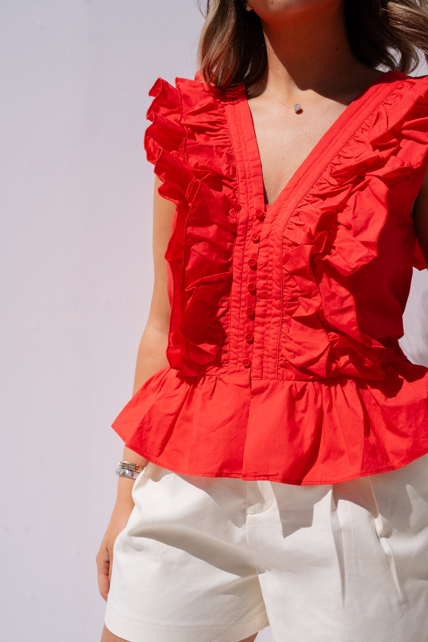 Cora V-Neck Ruffle Blouse In Red
