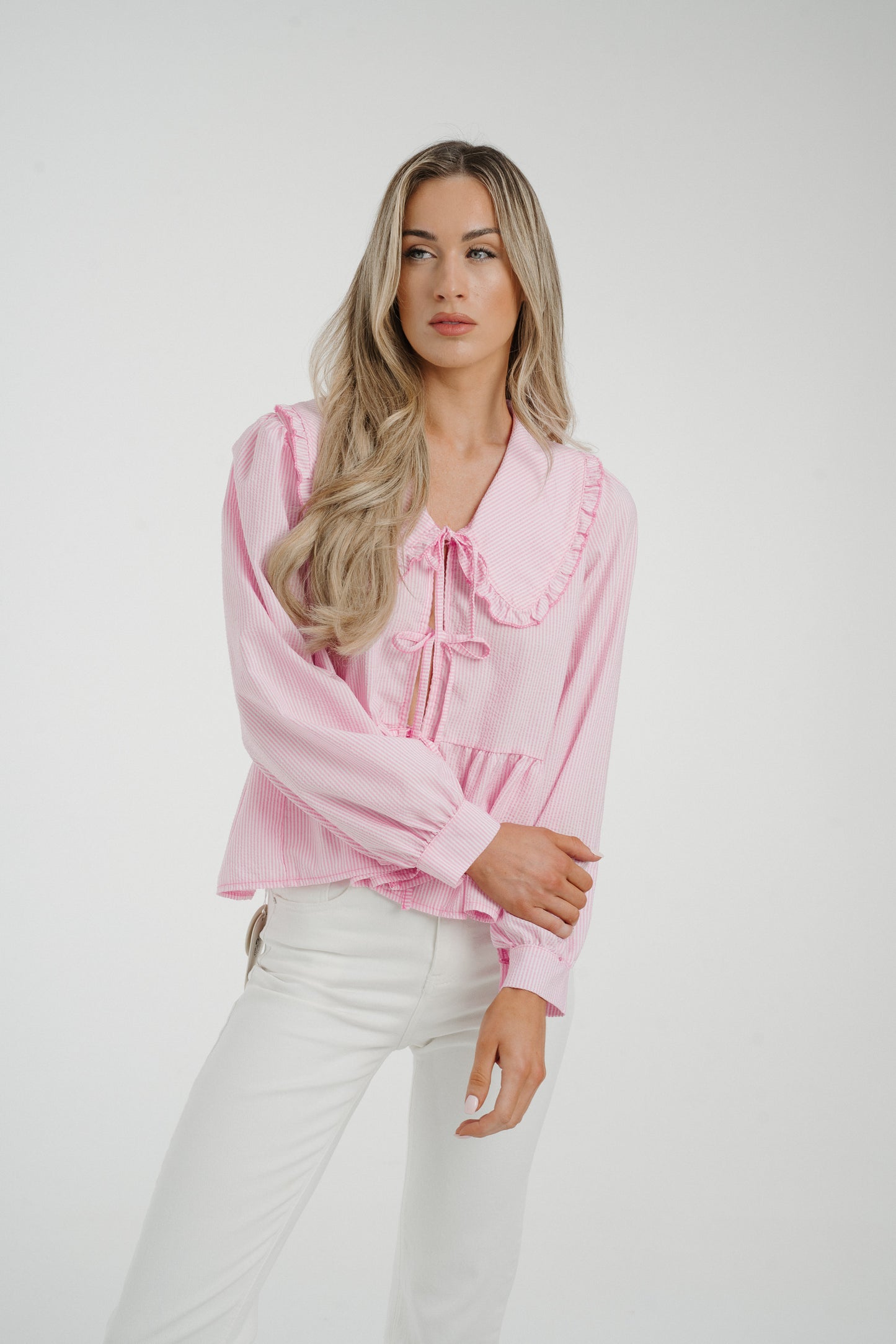 Leona Tie Front Blouse With Collar In Pink