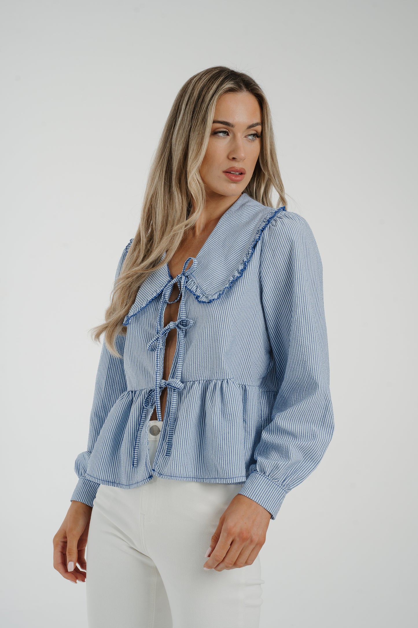 Leona Tie Front Blouse With Collar In Blue