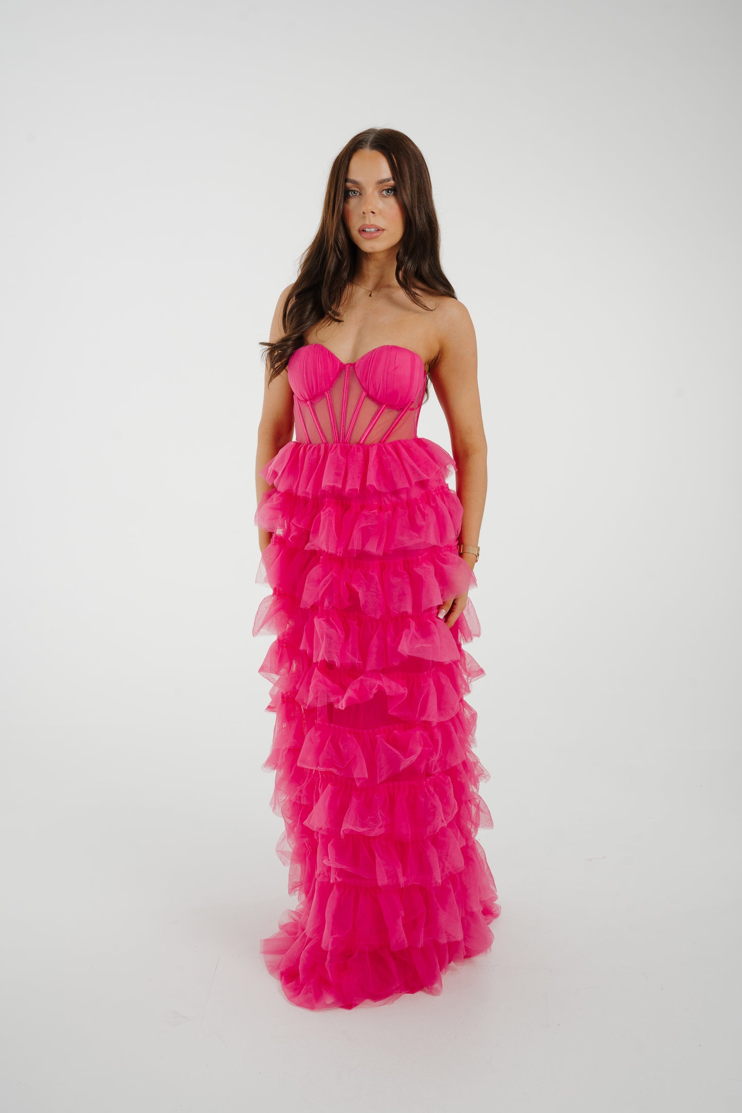 Holly Strapless Tulle Maxi Dress In Fuchsia