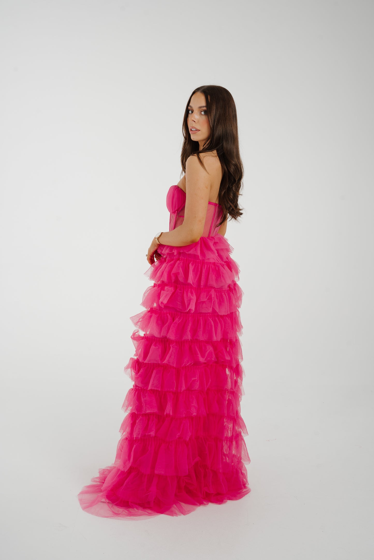 Holly Strapless Tulle Maxi Dress In Fuchsia