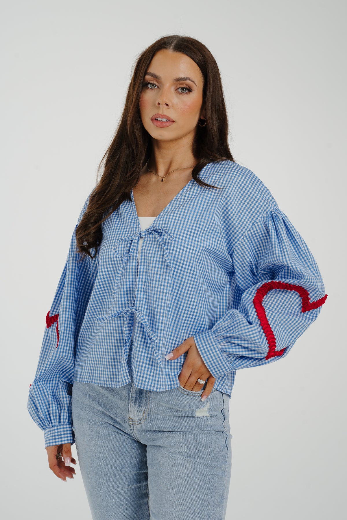 Leona Red Sleeve Detail Blouse In Blue