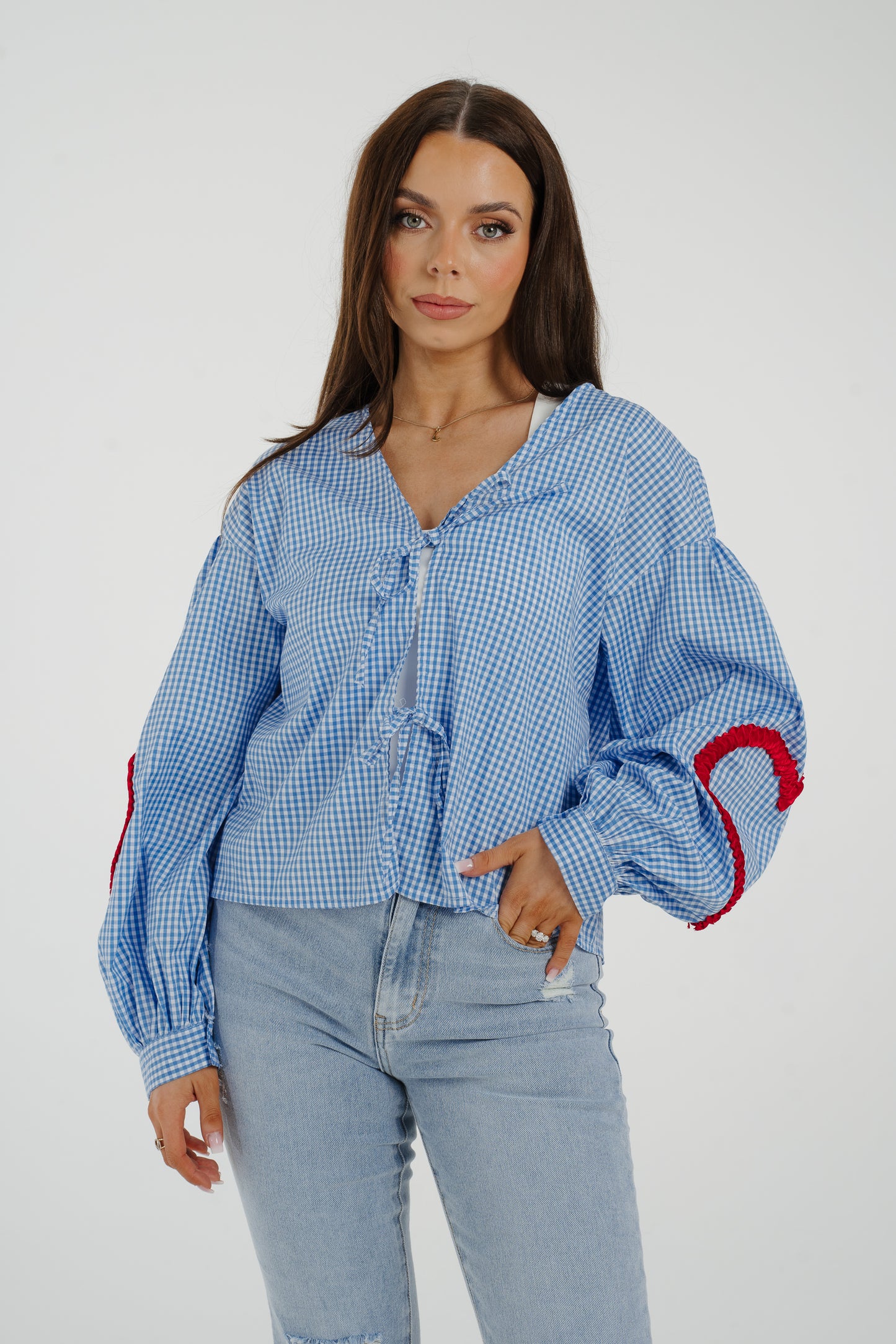 Leona Red Sleeve Detail Blouse In Blue