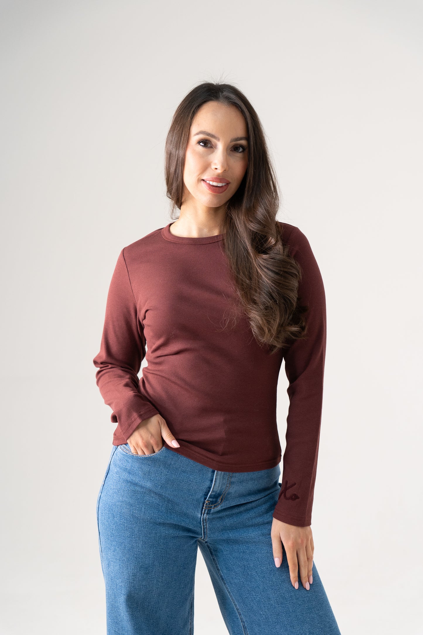 Love Laura Long Sleeve Ribbed Base Top In Burgundy