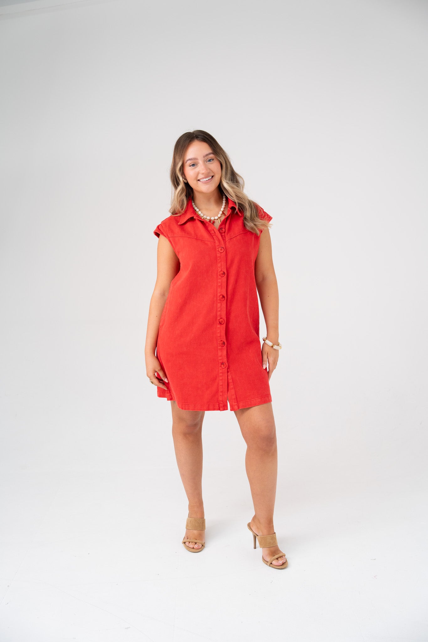 Kiera Denim Shirt Dress In Coral Red – The Walk in Wardrobe