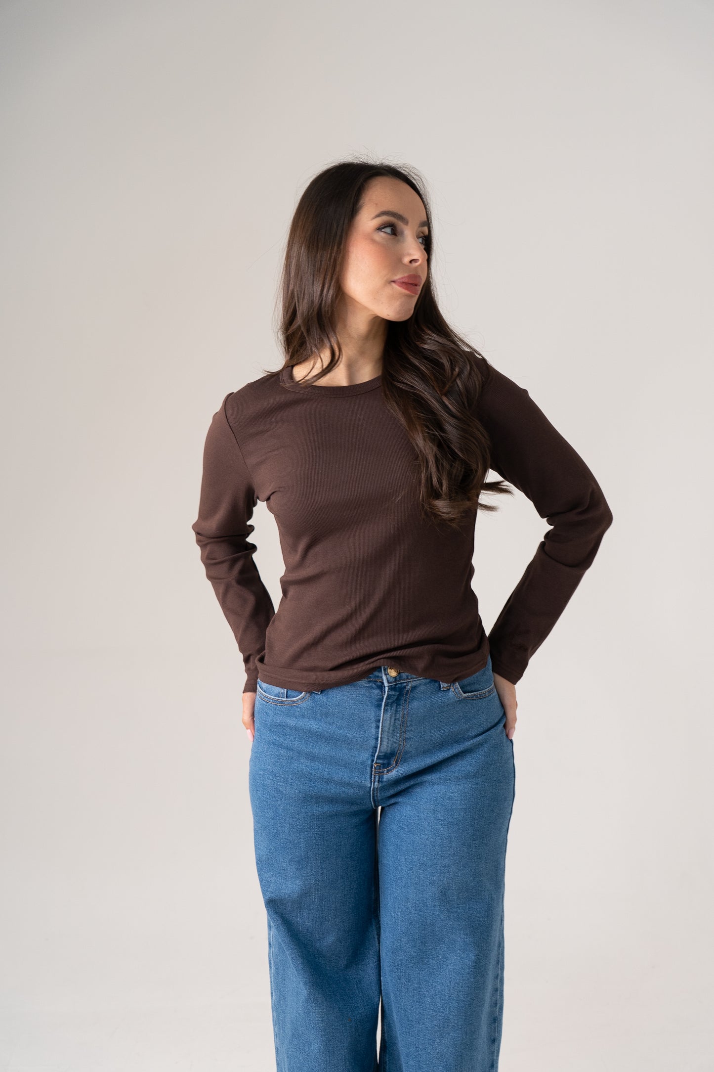 Love Laura Long Sleeve Ribbed Base Top In Chocolate