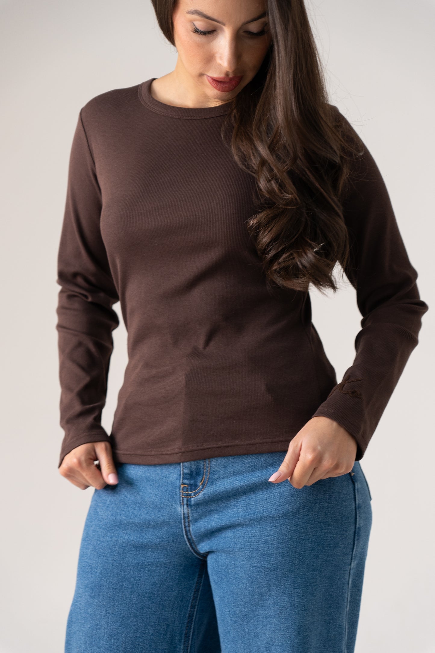 Love Laura Long Sleeve Ribbed Base Top In Chocolate