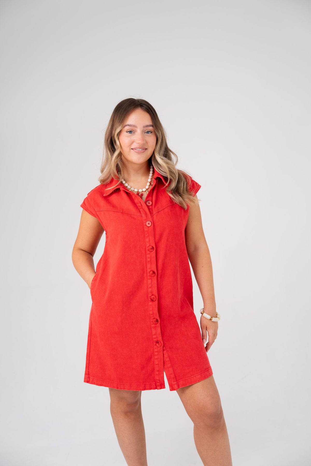 Kiera Denim Shirt Dress In Coral Red