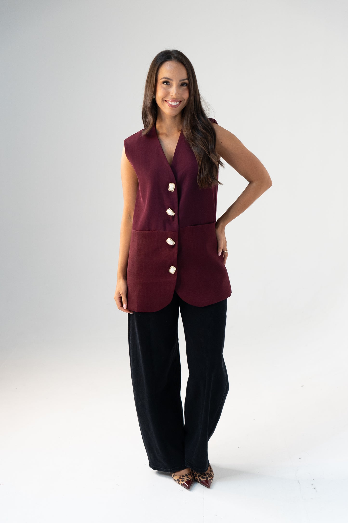Love Laura Longline Waistcoat In Burgundy