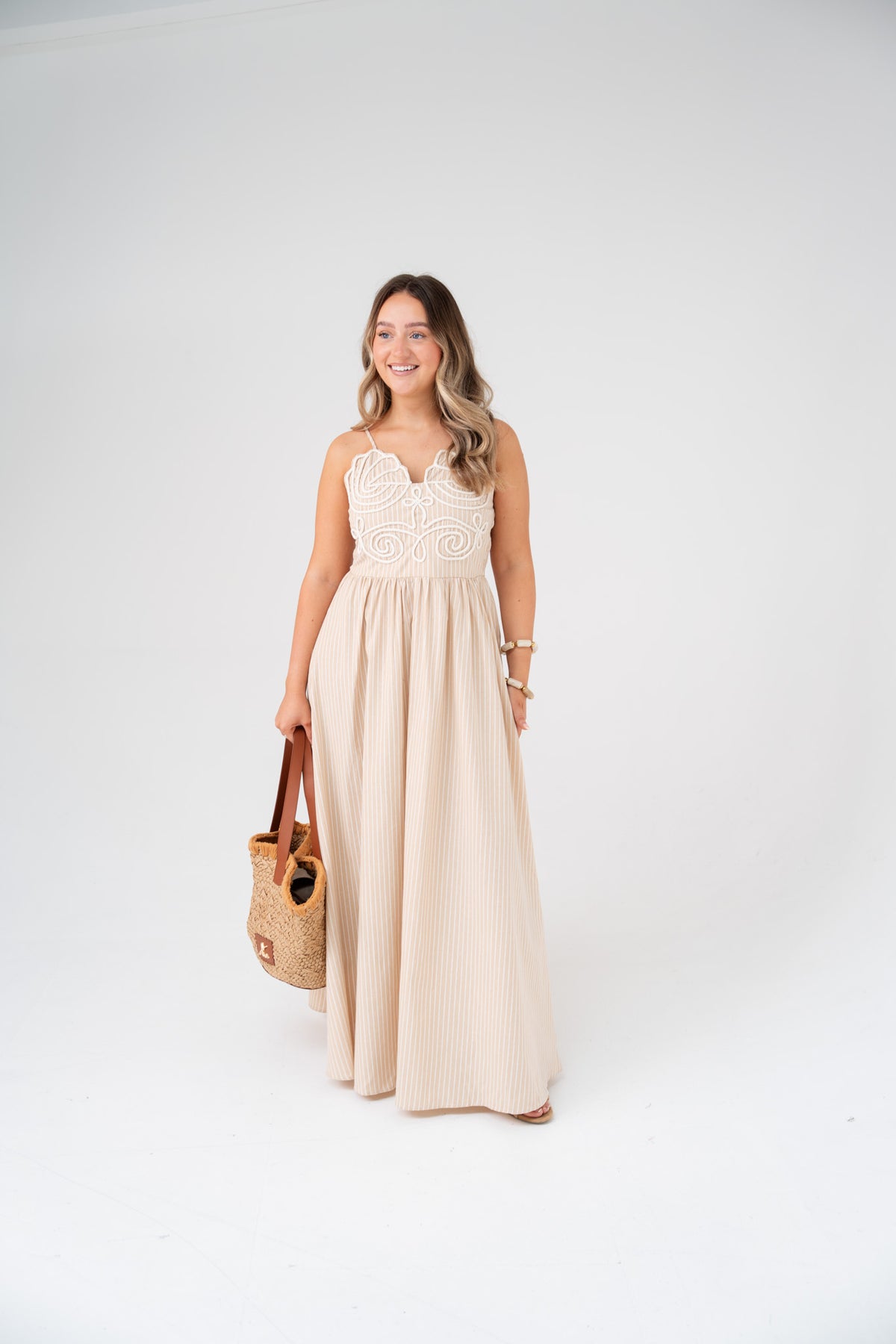 Holly Cord Detail Pinstripe Dress In Neutral